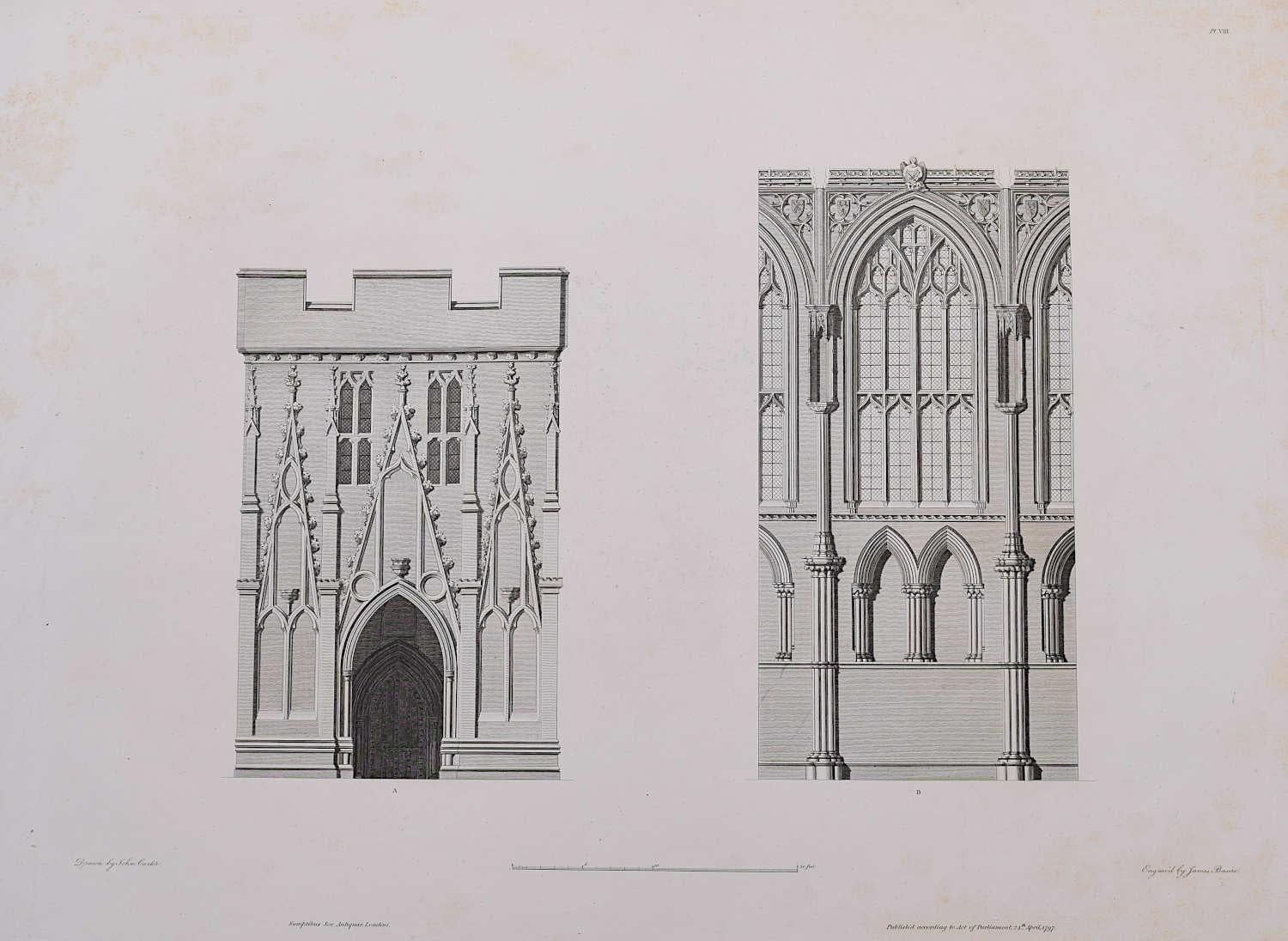 John Basire Landscape Print - Architecture Fragments of St Albans Cathedral (1810), engraving by James Basire