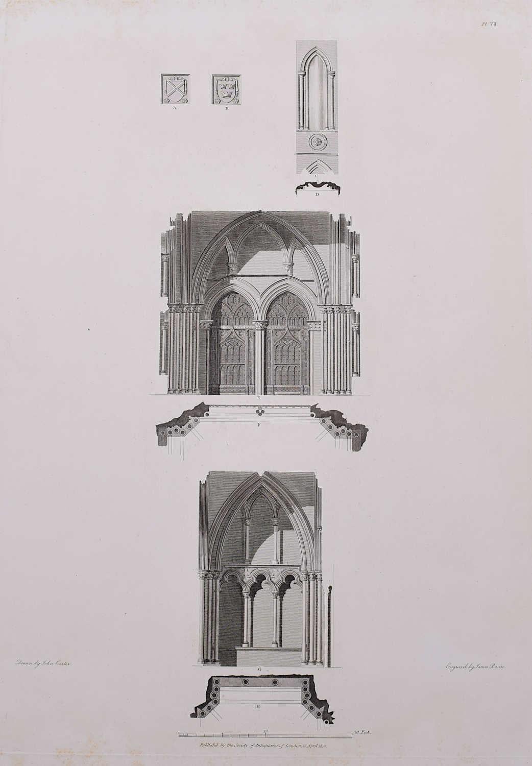 John Basire Landscape Print - Design Fragments of St Albans Cathedral (1810), engraving by James Basire