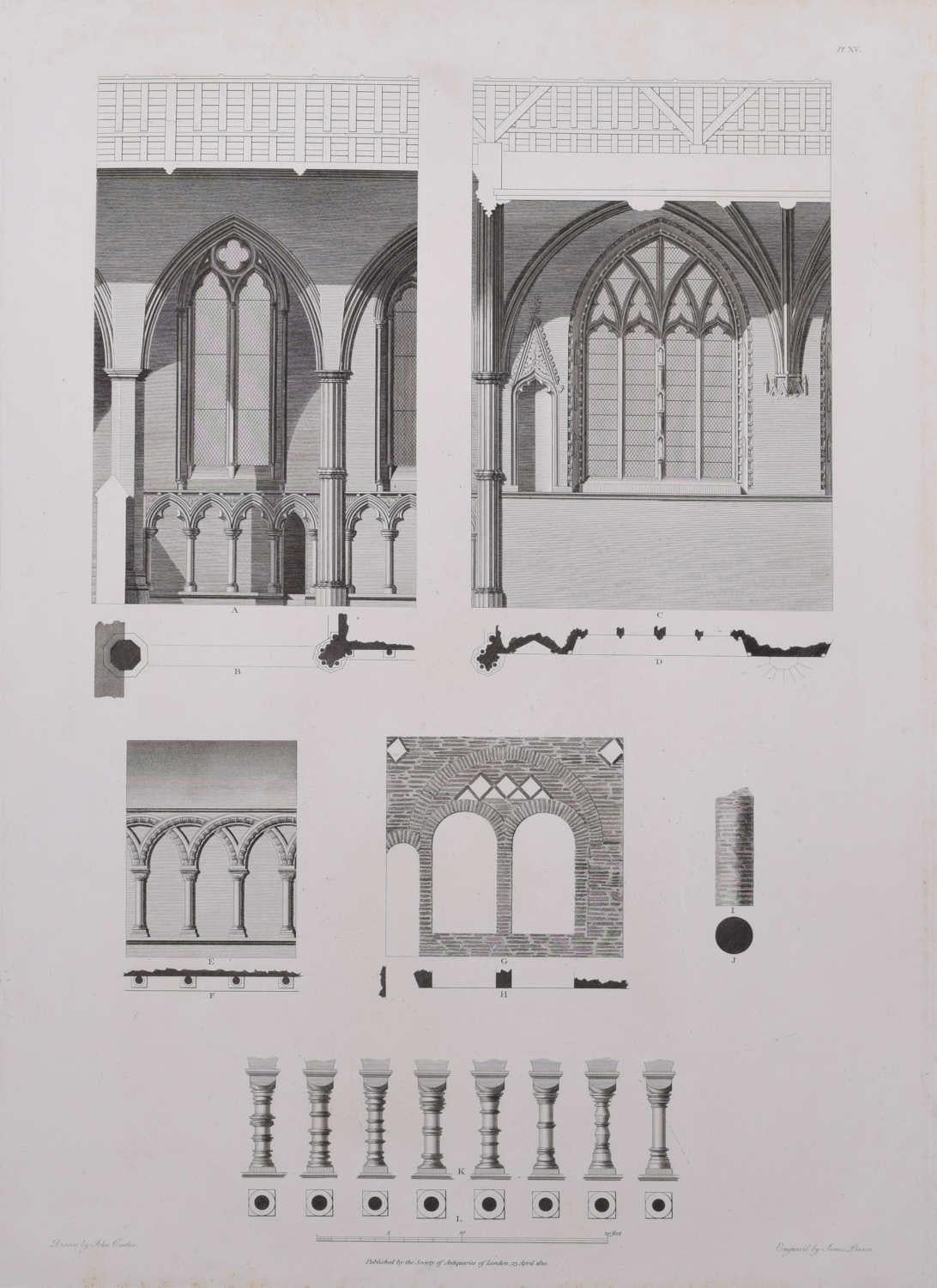 John Basire Landscape Print - Design fragments of St Albans Cathedral (1810), engraving by James Basire