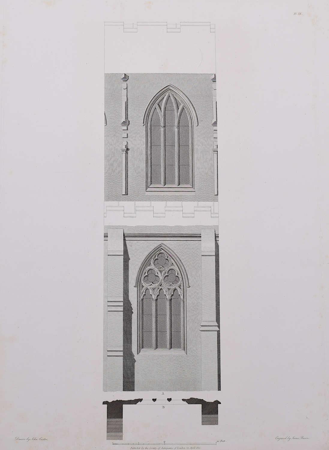 John Basire Landscape Print - Design fragments of St Albans Cathedral (1810), engraving by James Basire