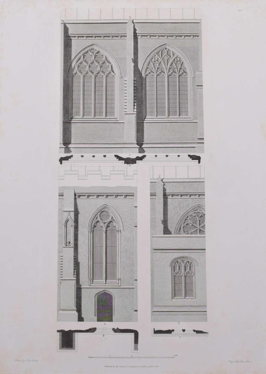 John Basire Landscape Print – Designfragment der Kathedrale von St. Albans (1810), Gravur von James Basire