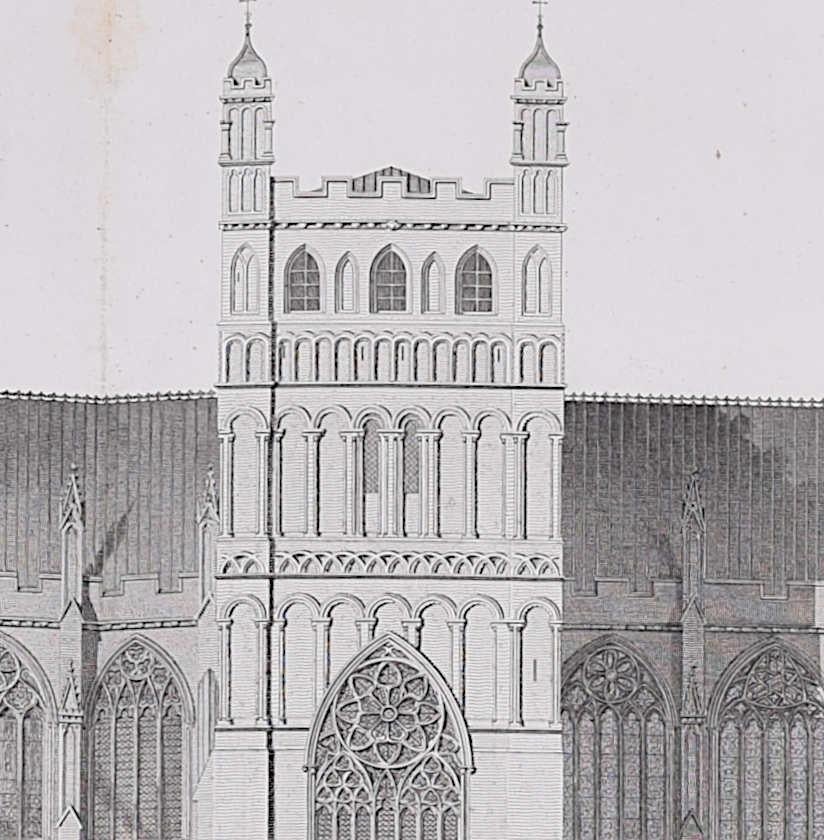 Architectural view of Exeter Cathedral (1797), engraving by James Basire - Print by John Basire