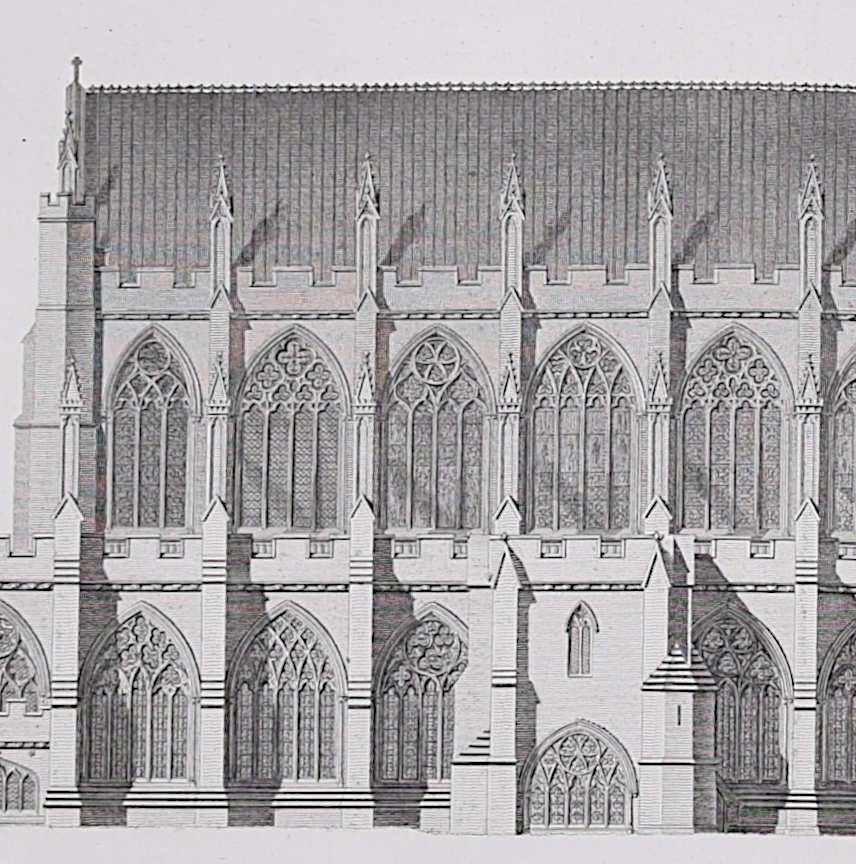 Architectural view of Exeter Cathedral (1797), engraving by James Basire - Realist Print by John Basire