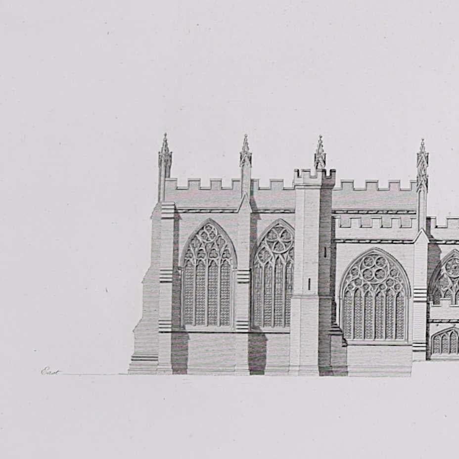 Architectural view of Exeter Cathedral (1797), engraving by James Basire - Gray Landscape Print by John Basire