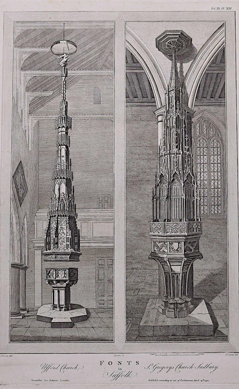 John Basire Landscape Print - Fonts in Suffolk (1792), engraving by James Basire