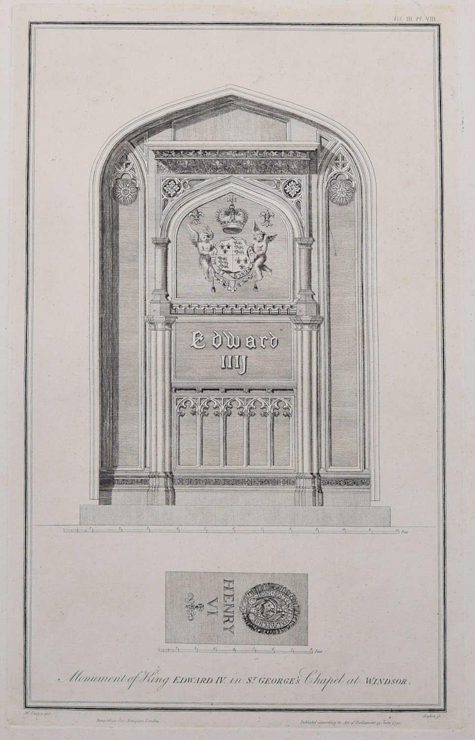 John Basire Landscape Print - Monument of King Edward IV, Windsor (1790), engraving by James Basire