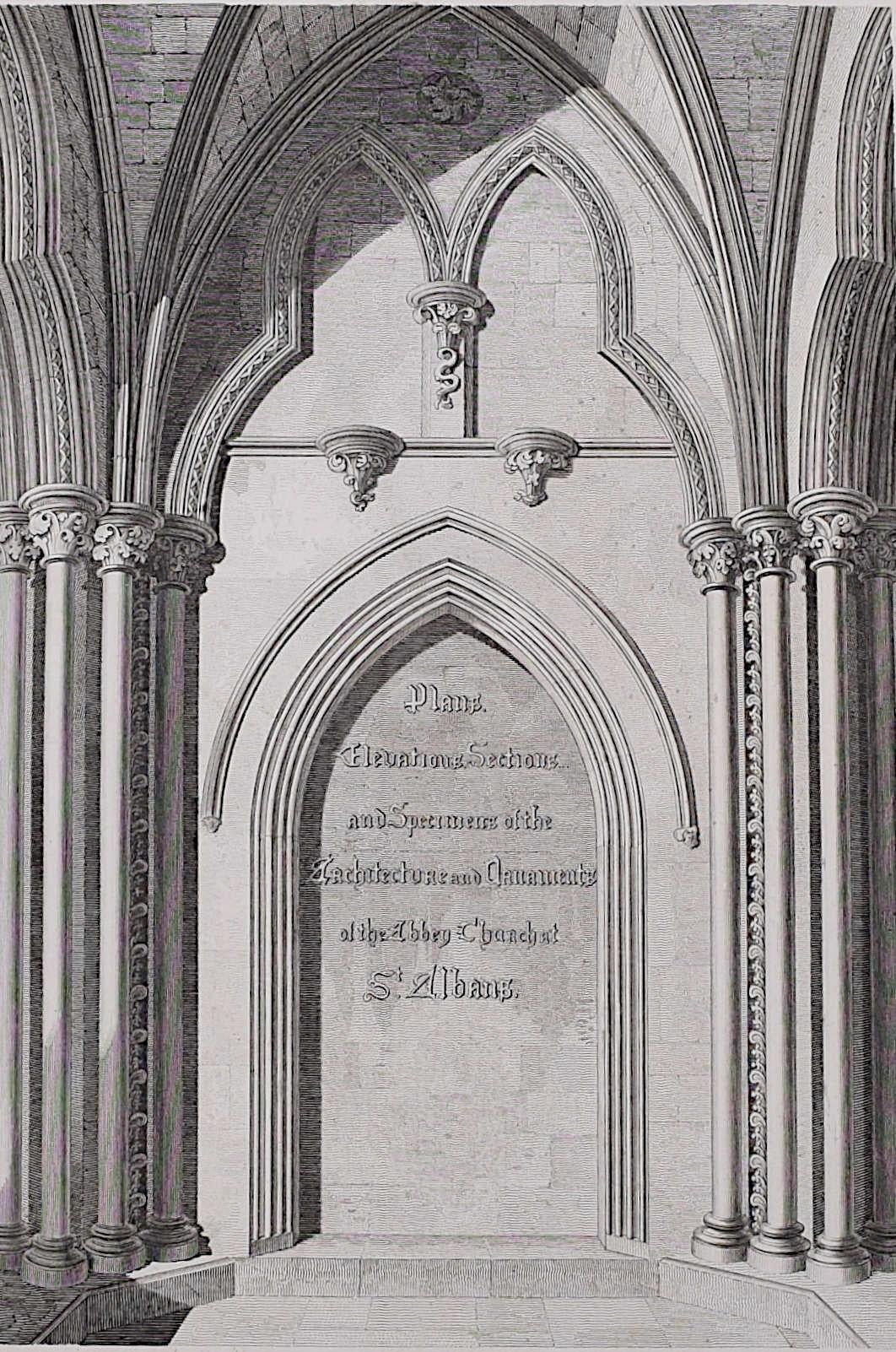 Architectural Segments of St Albans Cathedral (1810), engraving by James Basire - Landscape Print Gris de John Basire