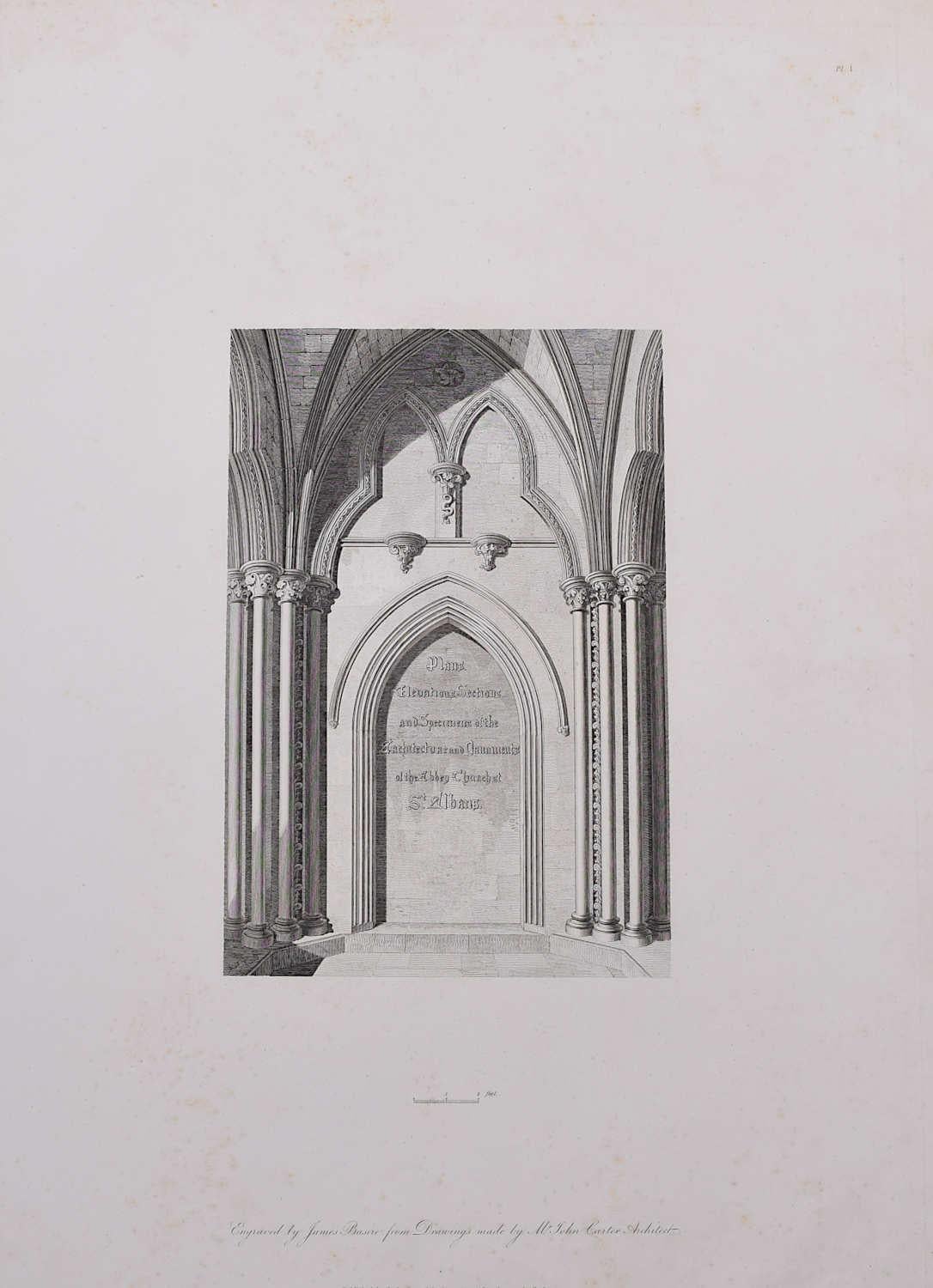 Landscape Print de John Basire - Architectural Segments of St Albans Cathedral (1810), engraving by James Basire