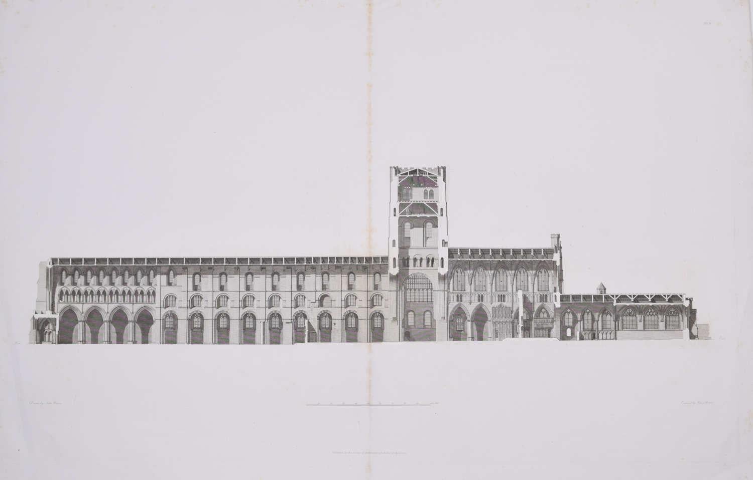 John Basire Landscape Print – St. Albans-Kathedrale (1810), Kupferstich von James Basire