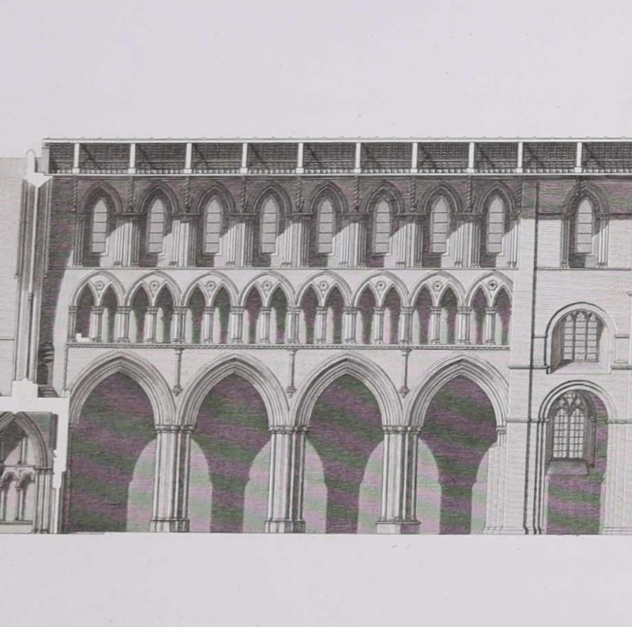 James Basire & John Carter
Grundriss der Kathedrale von St. Albans
Gravur 
61 x 95 cm 

Dieser Stich wurde ursprünglich von der Society of Antiquaries of London veröffentlicht, einer Organisation, die sich der Erforschung und Erhaltung historischer