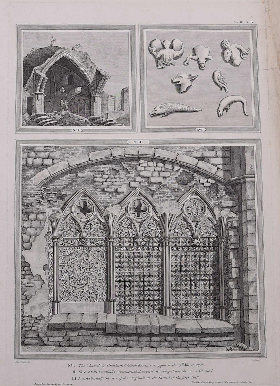 John Basire Landscape Print - The Chancel of Chatham Church, Kent (1790), engraving by James Basire
