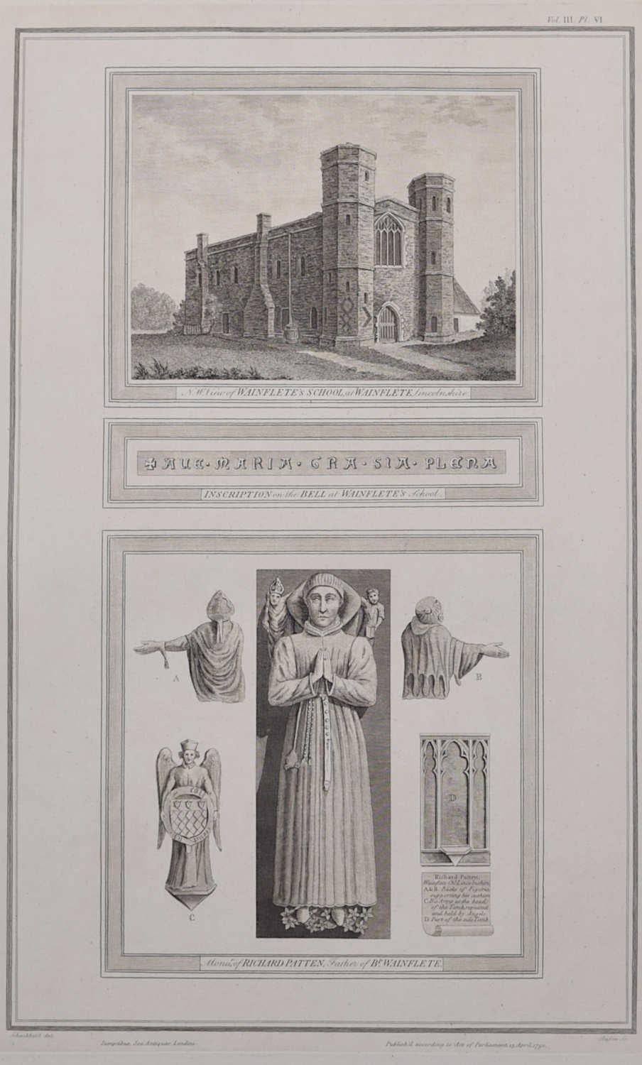 Landscape Print de John Basire - Escuela de Wainflete, Lincolnshire (1790), grabado de James Basire