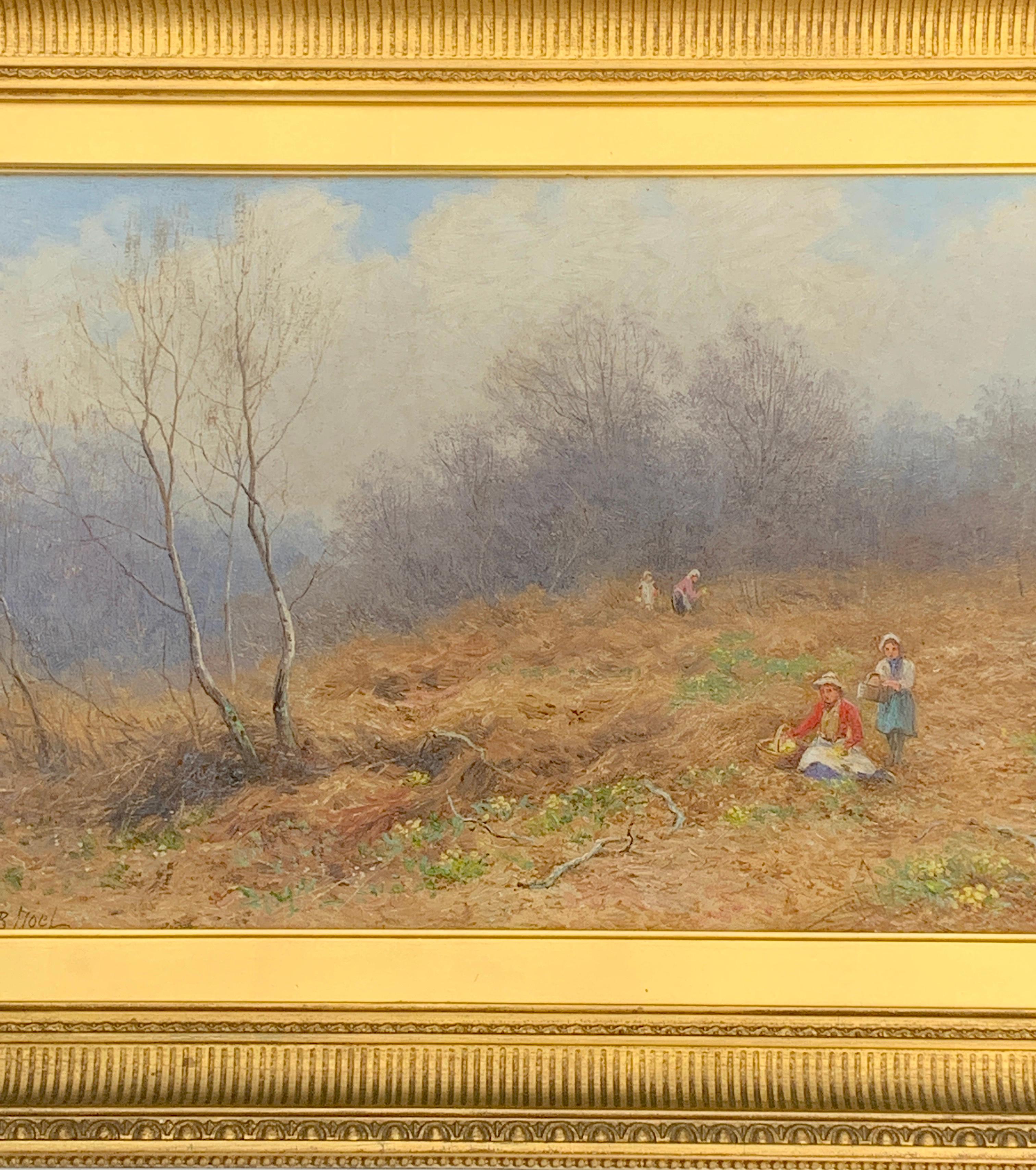 Paesaggio antico inglese vittoriano, figure che raccolgono primule - Painting di John Bates Noel