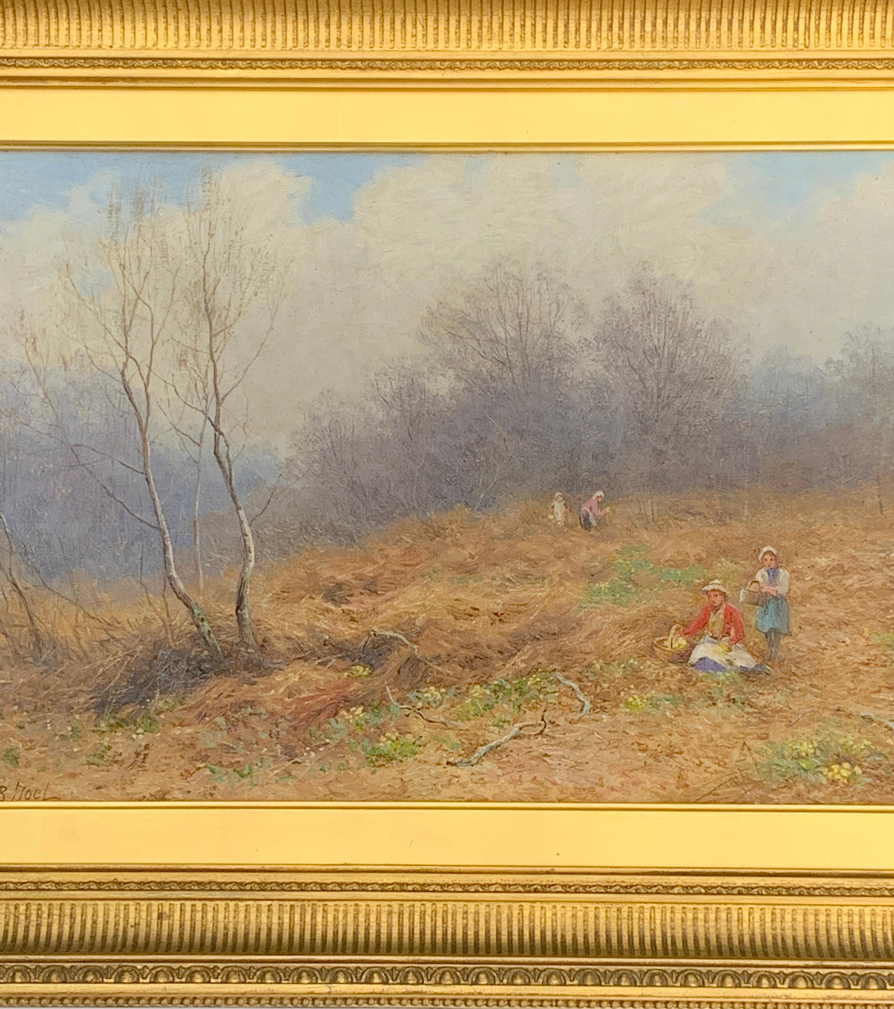 English Victorian Antique landscape, Figures gathering Primroses - Painting by John Bates Noel