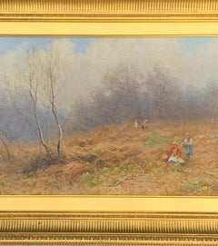 English Victorian Antique landscape, Figures gathering Primroses