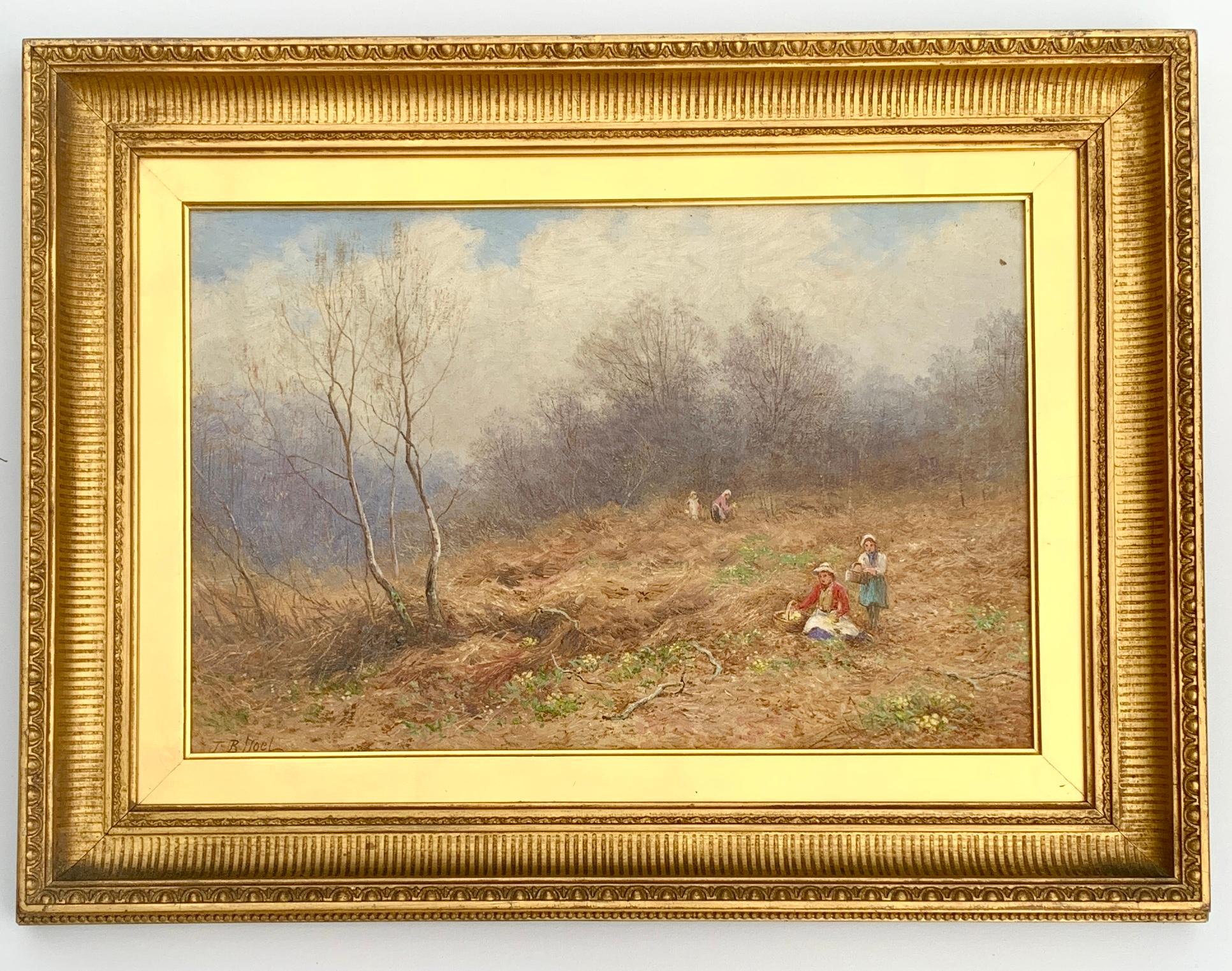 John Bates Noel Landscape Painting - English Victorian Antique landscape, Figures gathering Primroses