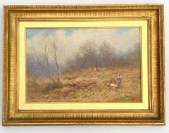 English Victorian Antique landscape, Figures gathering Primroses