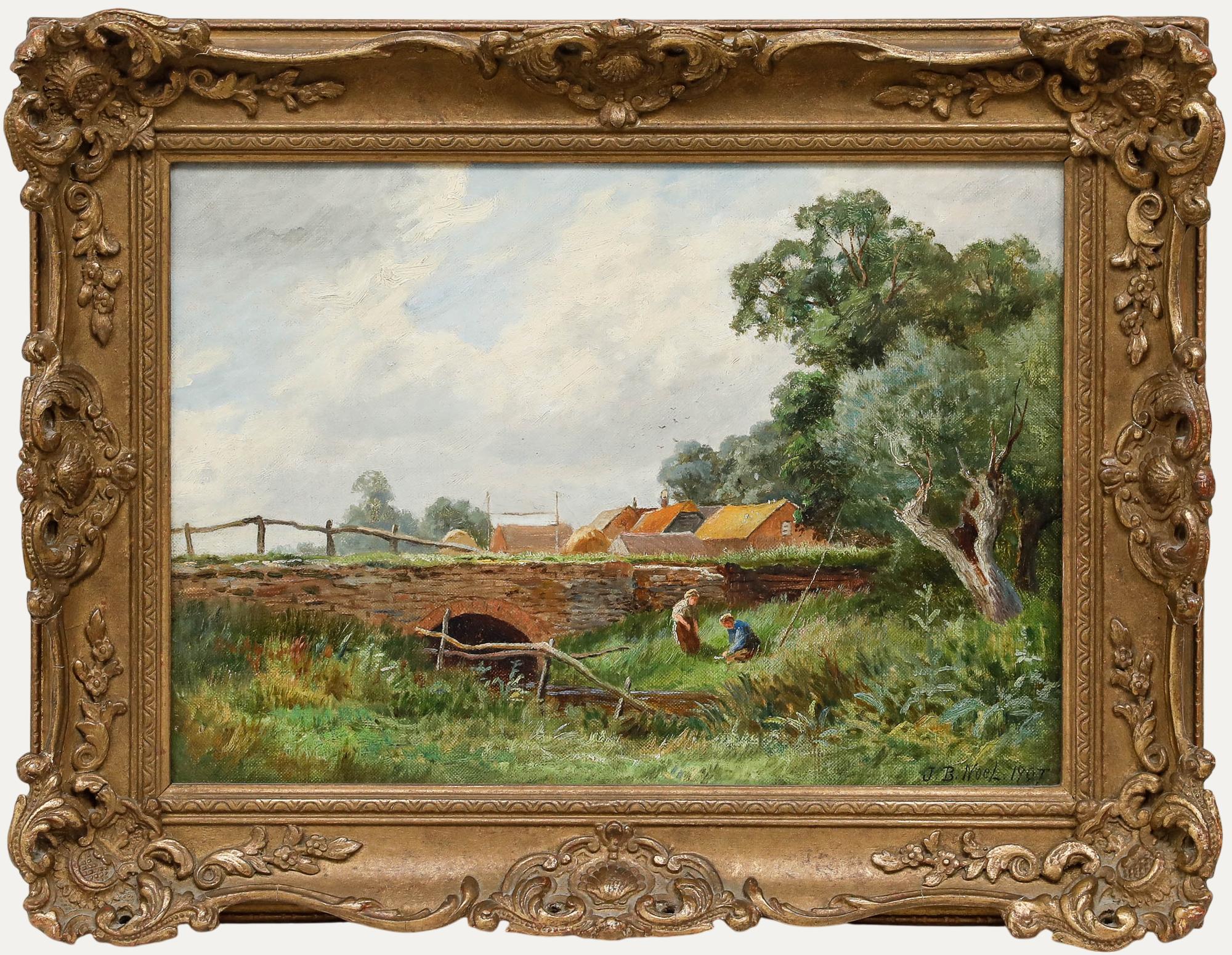 A charming oil painting by the British artist John Bates Noel (1870-1927), depicting two villagers catching trout in the nearby river. Signed ' J. B. Noel' to the lower right and dated 1907. Well presented in an elaborate gilt effect frame with