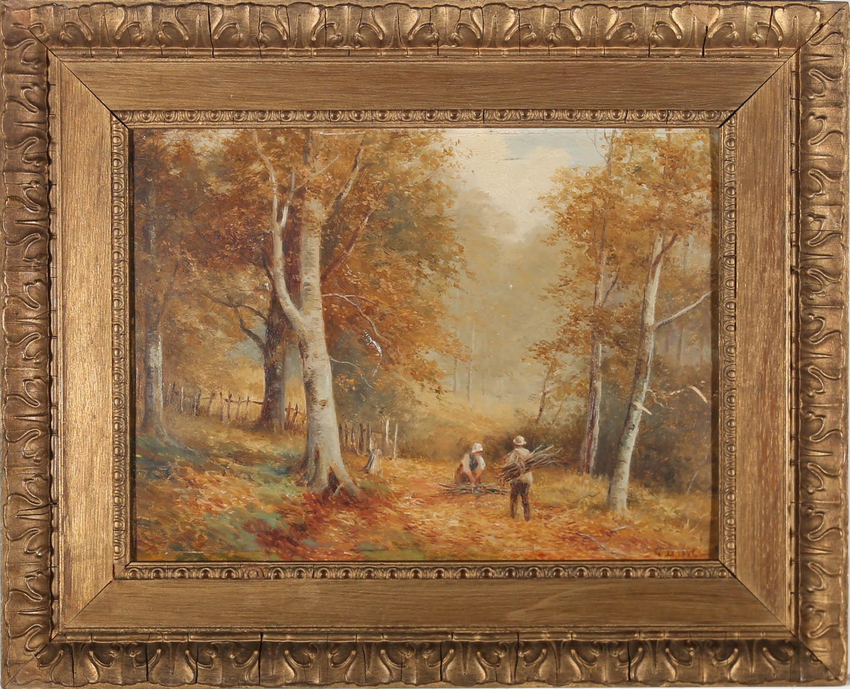 A fine oil painting by Victorian artist John Bates Noel (1870-1927), depicting a country couple collecting bundles of firewood between broadleaf beech trees. Signed by the artist to the lower right. With the artist's signature and title verso. Well