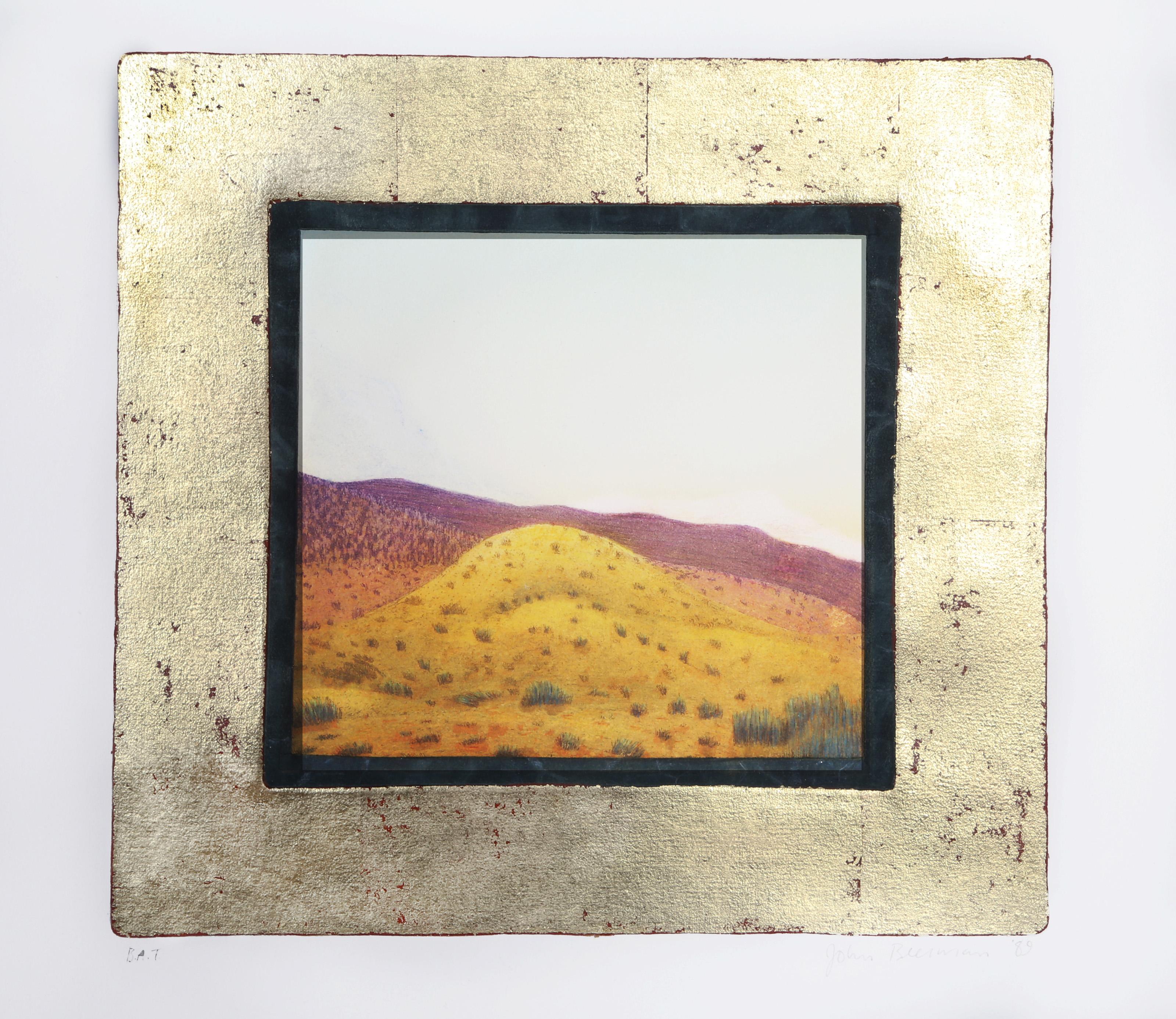 John Beerman, American (1958 - ) - Hills, Year:  1989, Medium:  Monotype, Hand Gilded Metal Leaf Border, signed and numbered in pencil, Edition:  1/1, Image Size:  12 x 12 inches, Size:  20 x 15.5 in. (50.8 x 39.37 cm), Printer:  Syliva Roth,