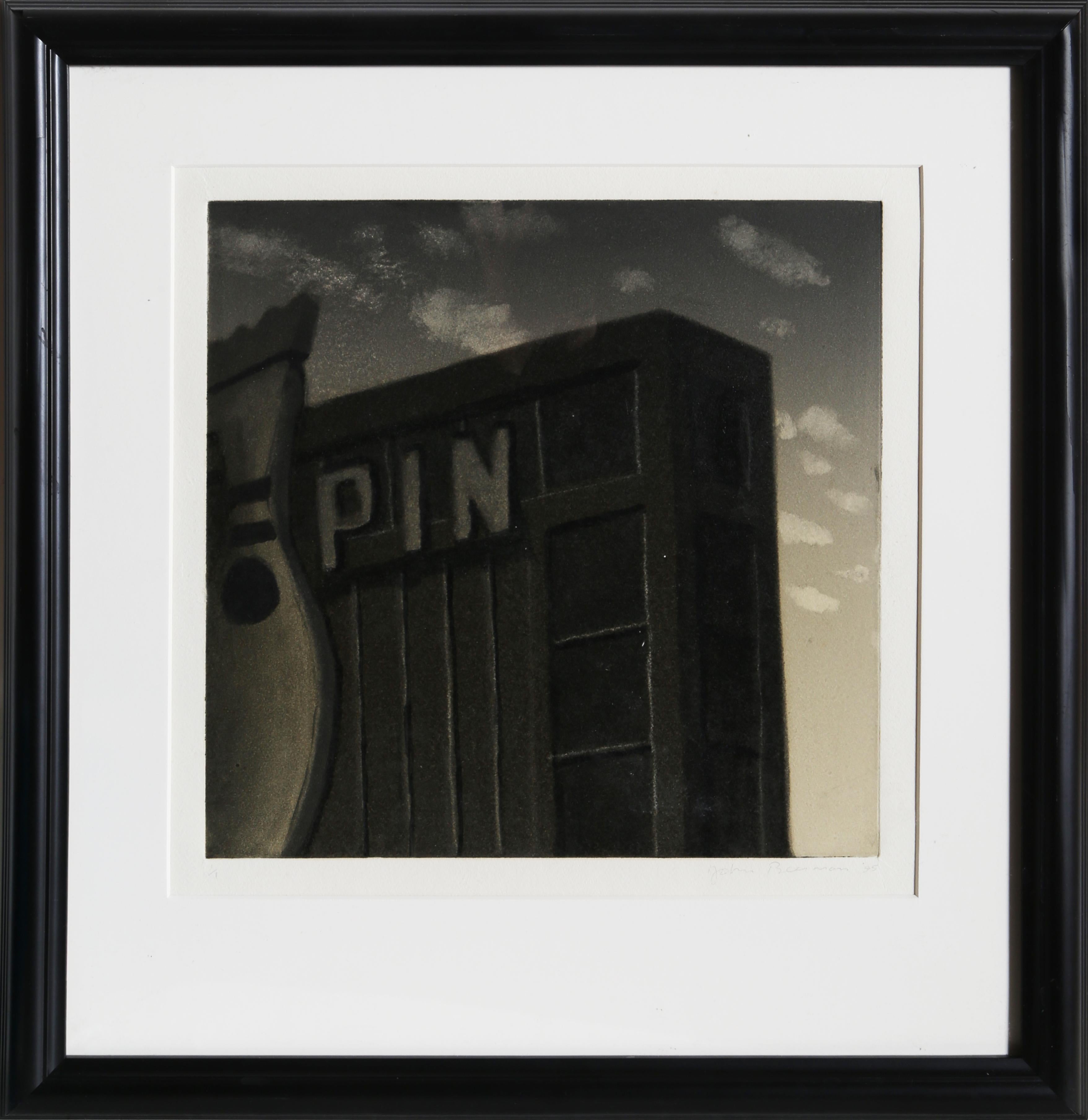 The upper corner of a bowling alley silhouetted against the sky in the fading evening light. Only the word "Pin" and a crowned bowling pin can be seen of the sign on the facade. This monotype is signed and numbered in pencil by the artist and is