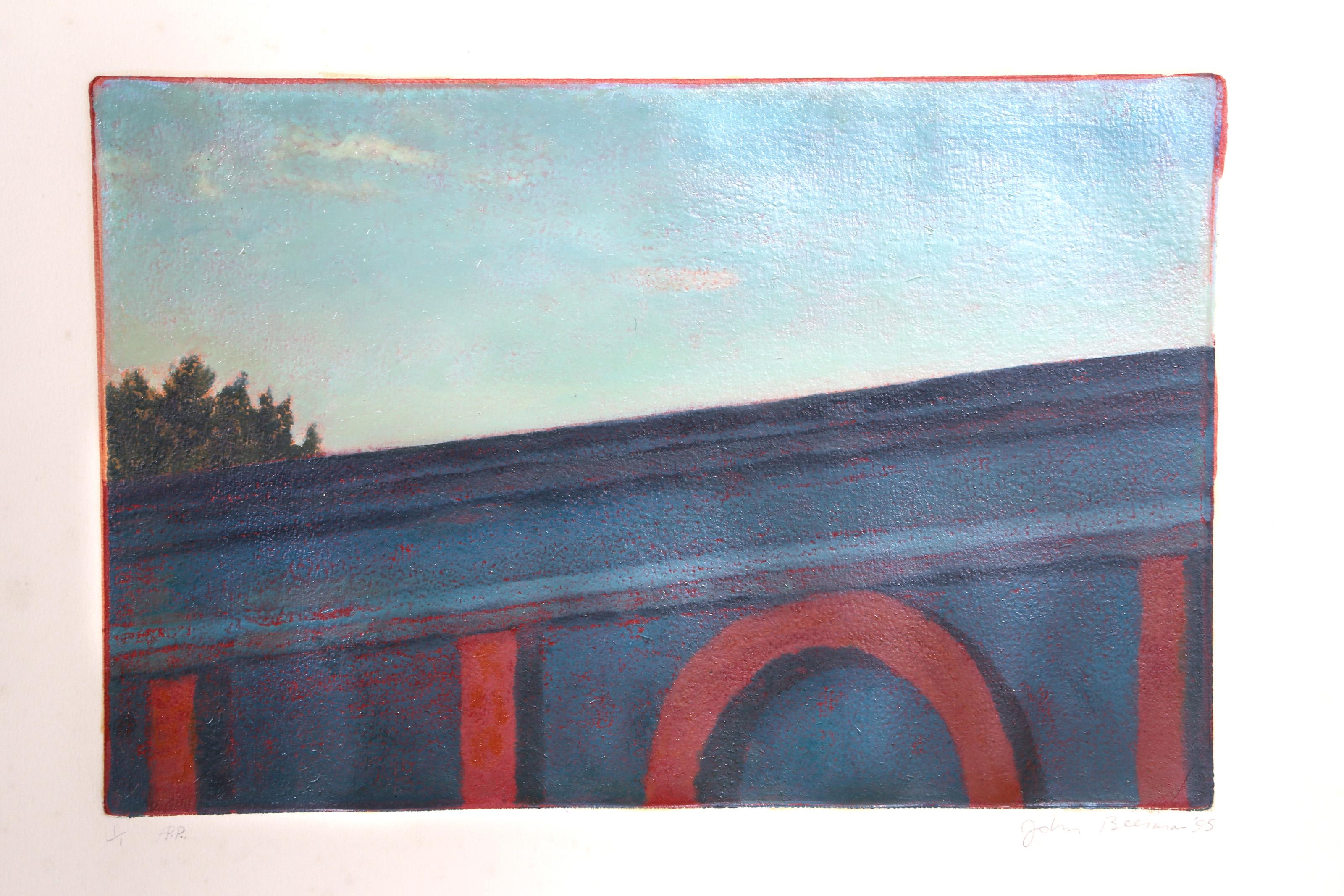 John Beerman, American (1958 - ) - Roof, Year:  1995, Medium:  Monotype, signed and numbered in pencil, Edition:  1/1, Image Size:  10.5 x 15.5 inches, Size:  17.5 x 21.5 in. (44.45 x 54.61 cm), Printer:  Syliva Roth, Publisher:  Hudson River