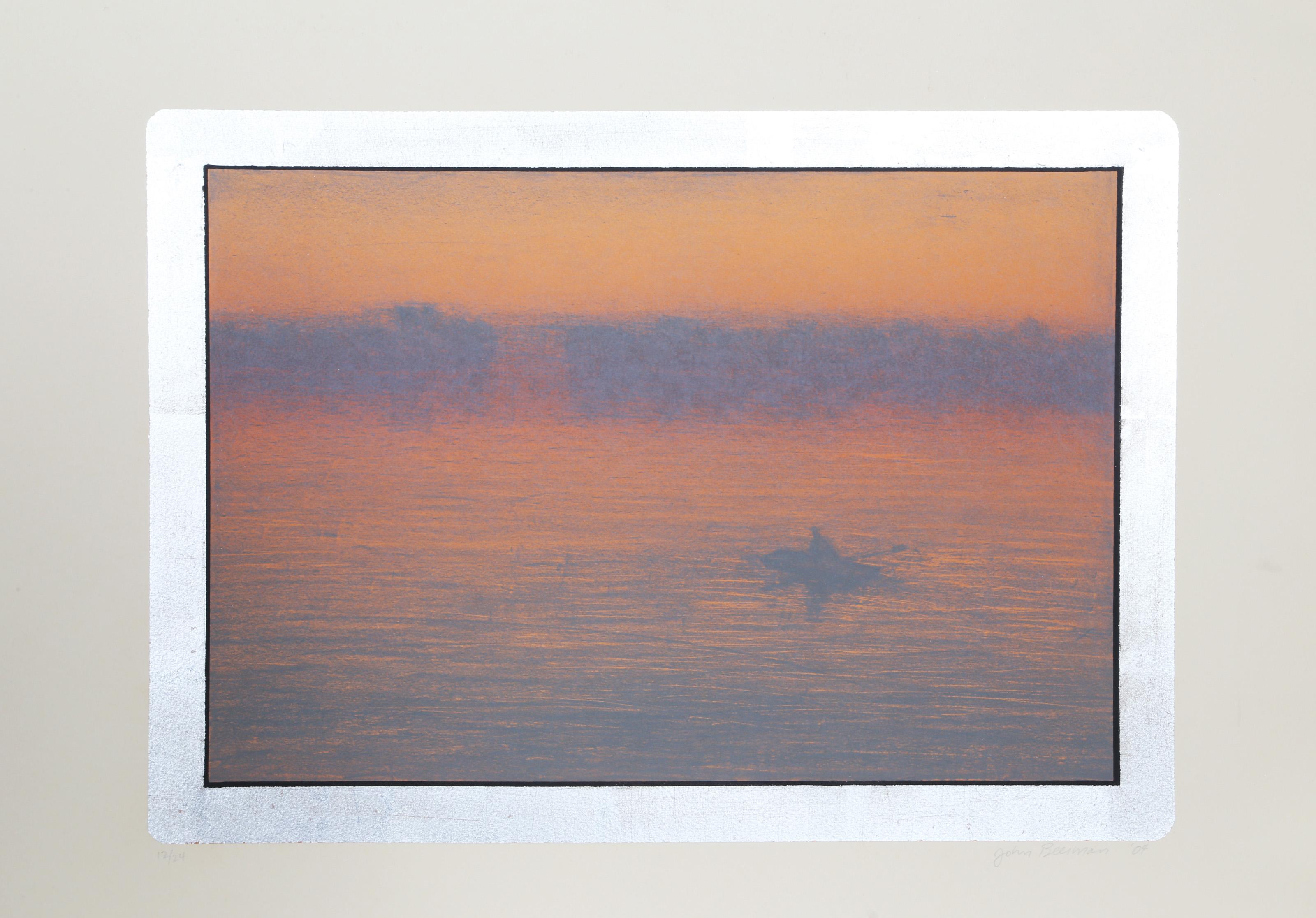 John Beerman, American (1958 - ) - Rowing in the Mist, Year:  2004, Medium:  Lithograph, Hand Gilded Metal Leaf Border, signed and numbered in pencil, Edition:  25, Image Size:  14.5 x 20.5 inches, Size:  20.5 x 26.5 in. (52.07 x 67.31 cm), Printer: