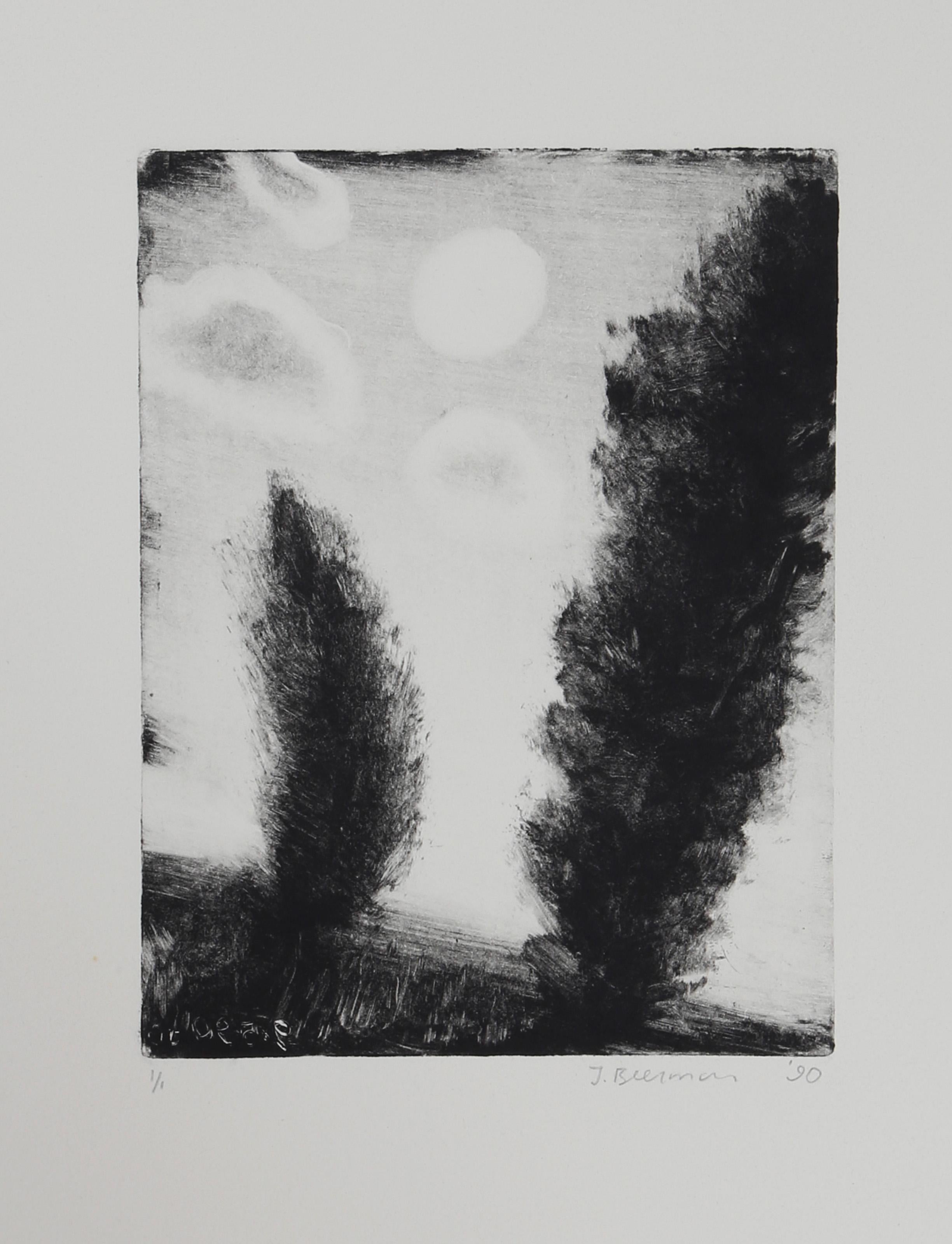 Standing Trees, Impressionist Monotype by John Beerman