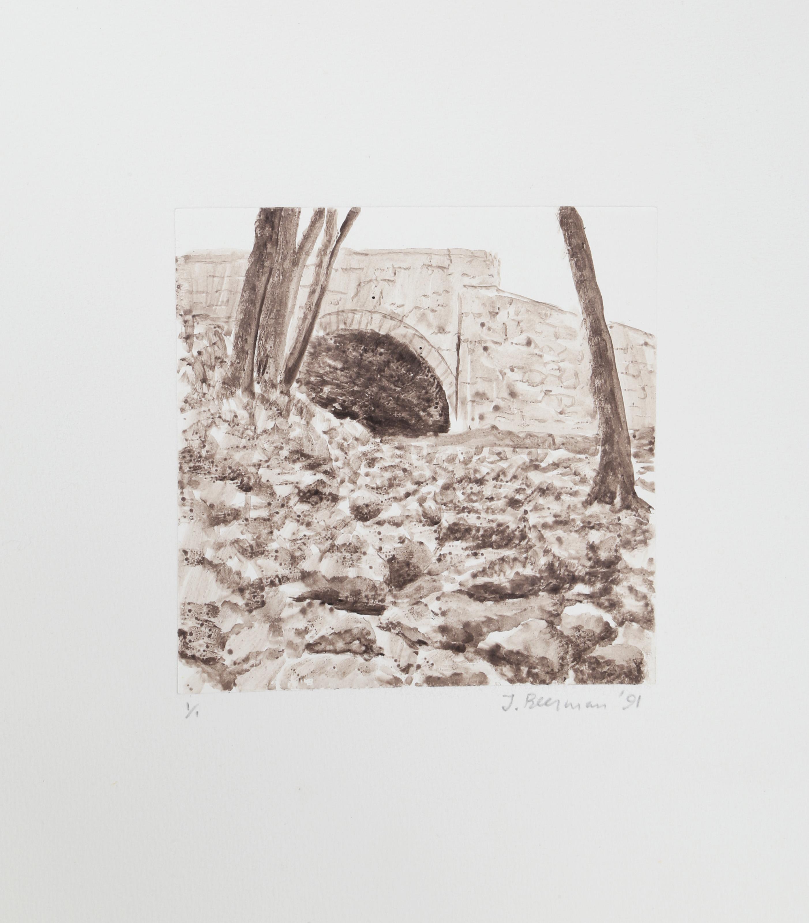 John Beerman, estadounidense (1958 - ) - Túnel de Piedra, año:  1991, Medio:  Monotipo, firmado y numerado a lápiz, Edición:  1/1, Tamaño de la imagen:  5,5 x 5,5 pulgadas, Tamaño:  33,02 x 29,21 cm (13 x 11,5 pulg.), Impresor:  Syliva Roth,