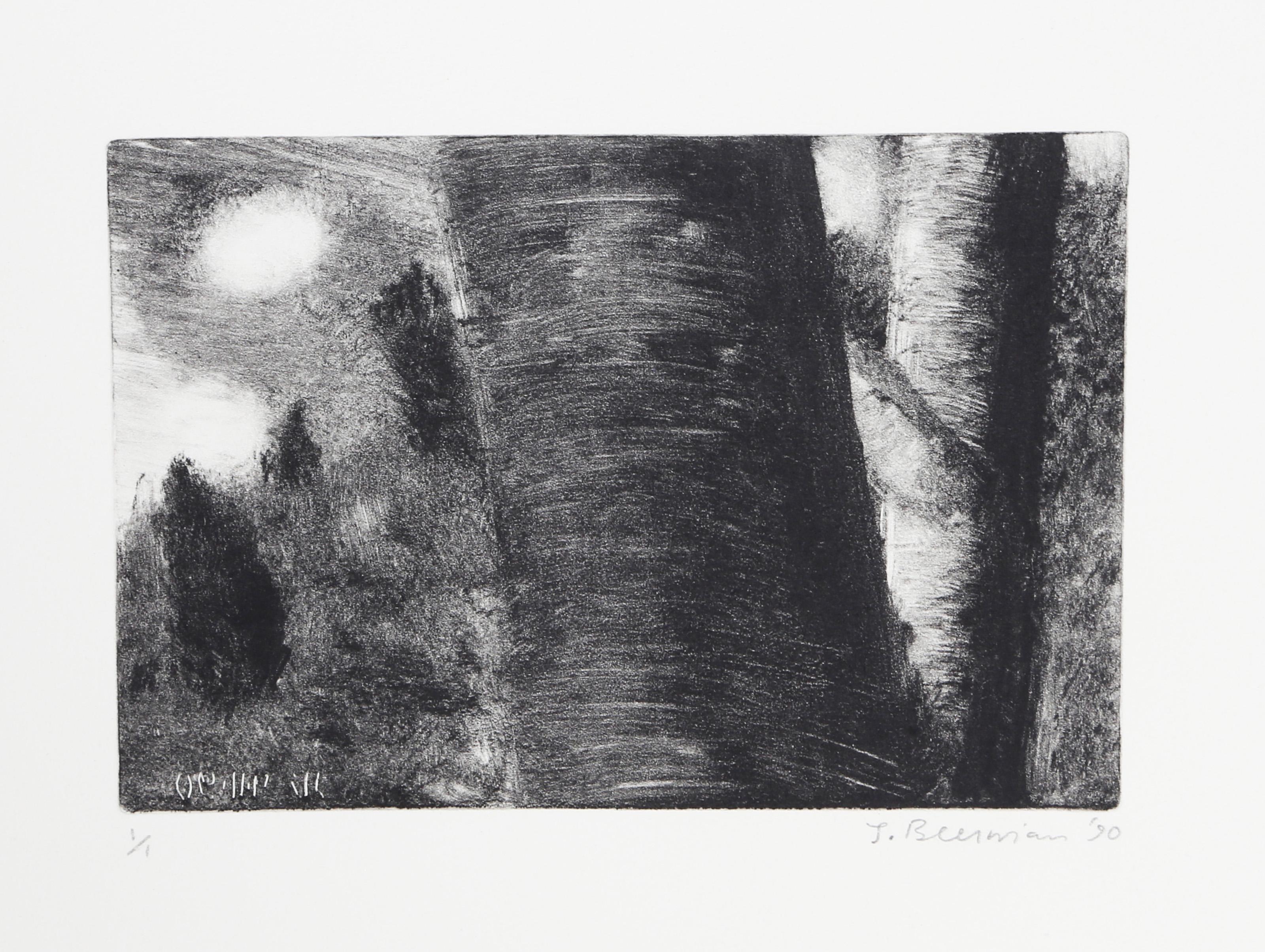 Tree Trunk and Hill, Impressionist Monotype by John Beerman