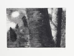 Tree Trunk and Hill, Impressionist Monotype by John Beerman