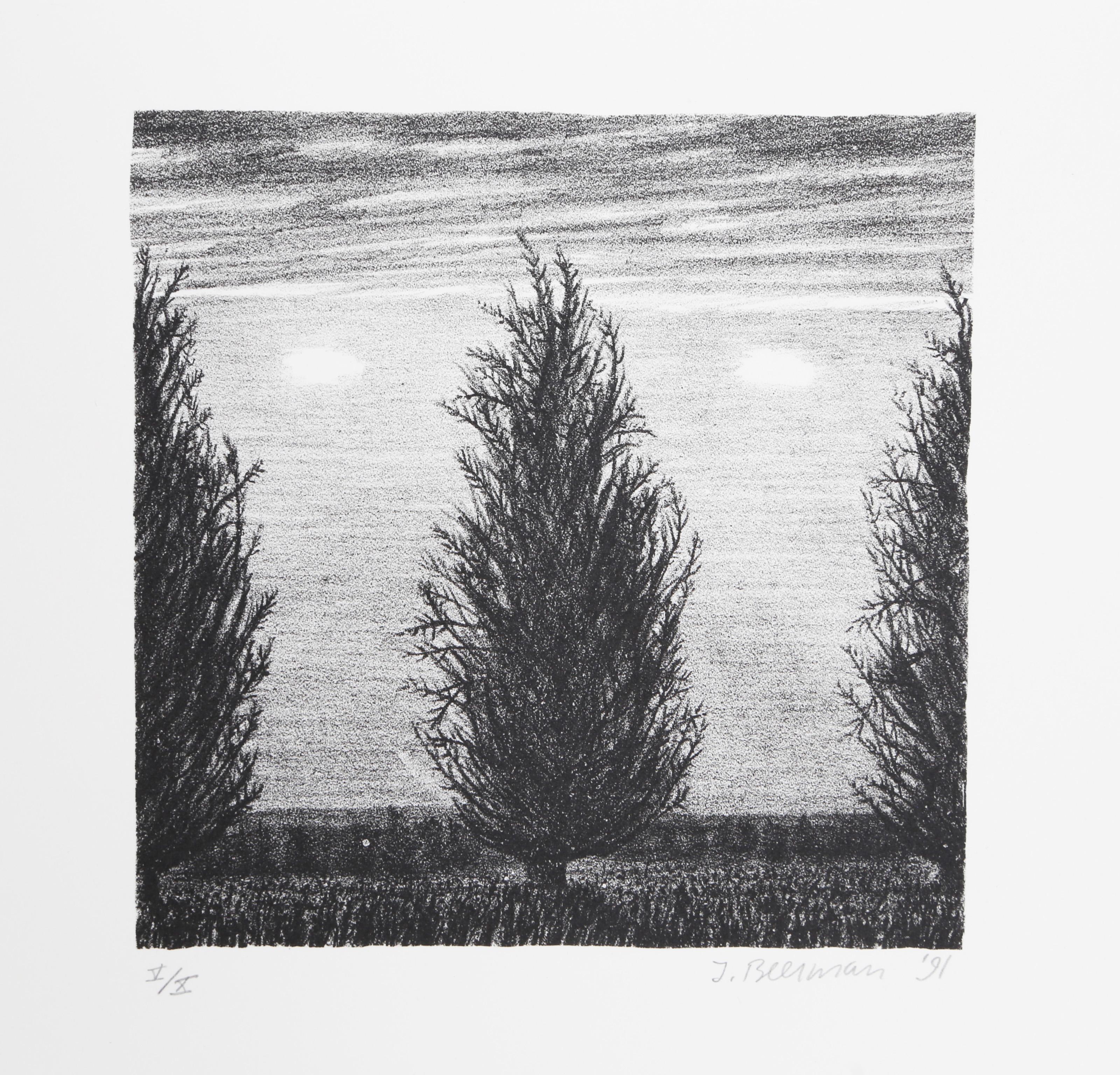 Trees on Field, Impressionist Monotype by John Beerman