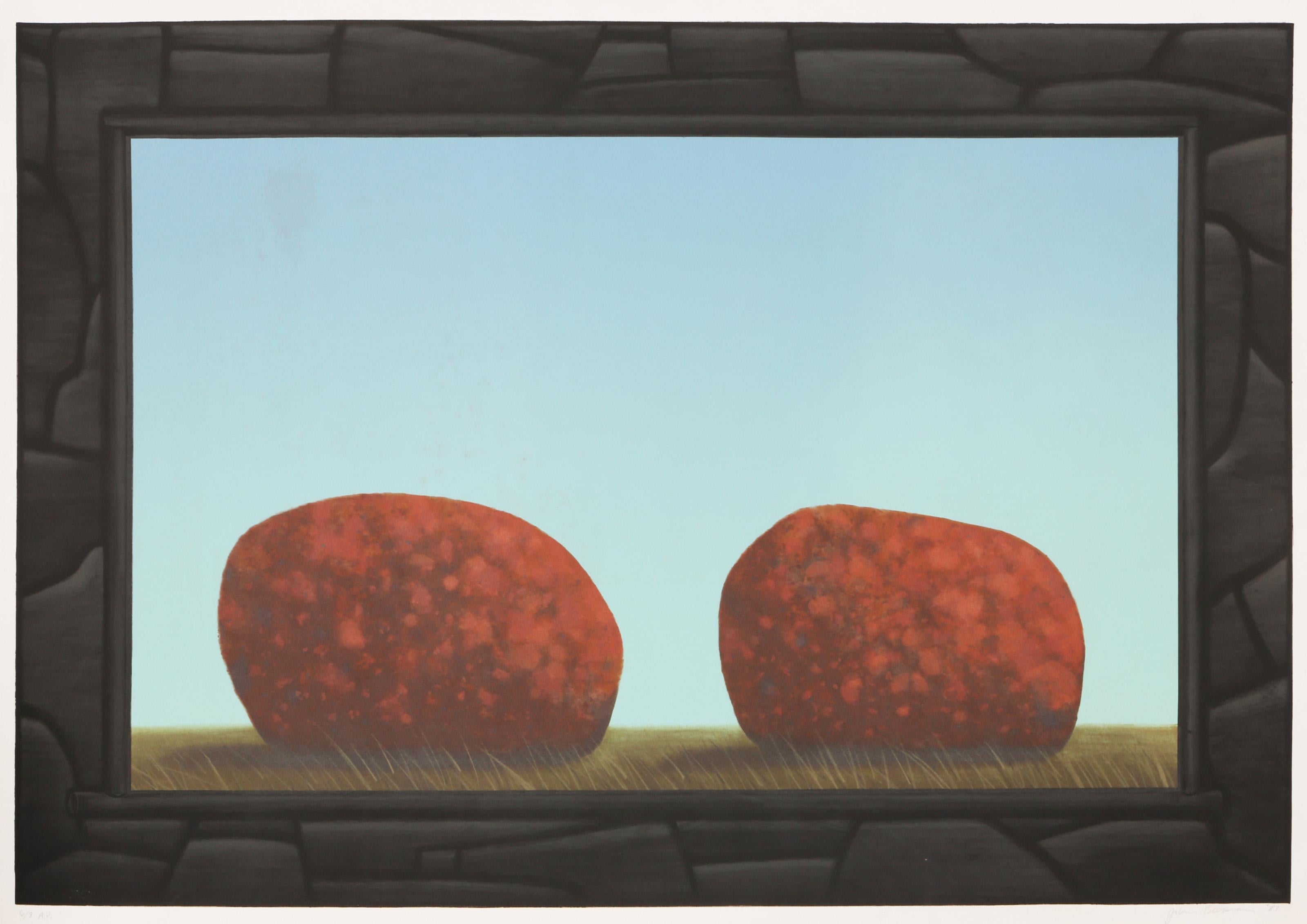 John Beerman, American (1958 - ) - Two Rocks, Year:  1987, Medium:  Color Etching Monotint, signed and numbered in pencil, Edition:  1/7, Image Size:  27.5 x 40 inches, Size:  29.5 x 41.5 in. (74.93 x 105.41 cm), Printer:  Syliva Roth, Publisher: 