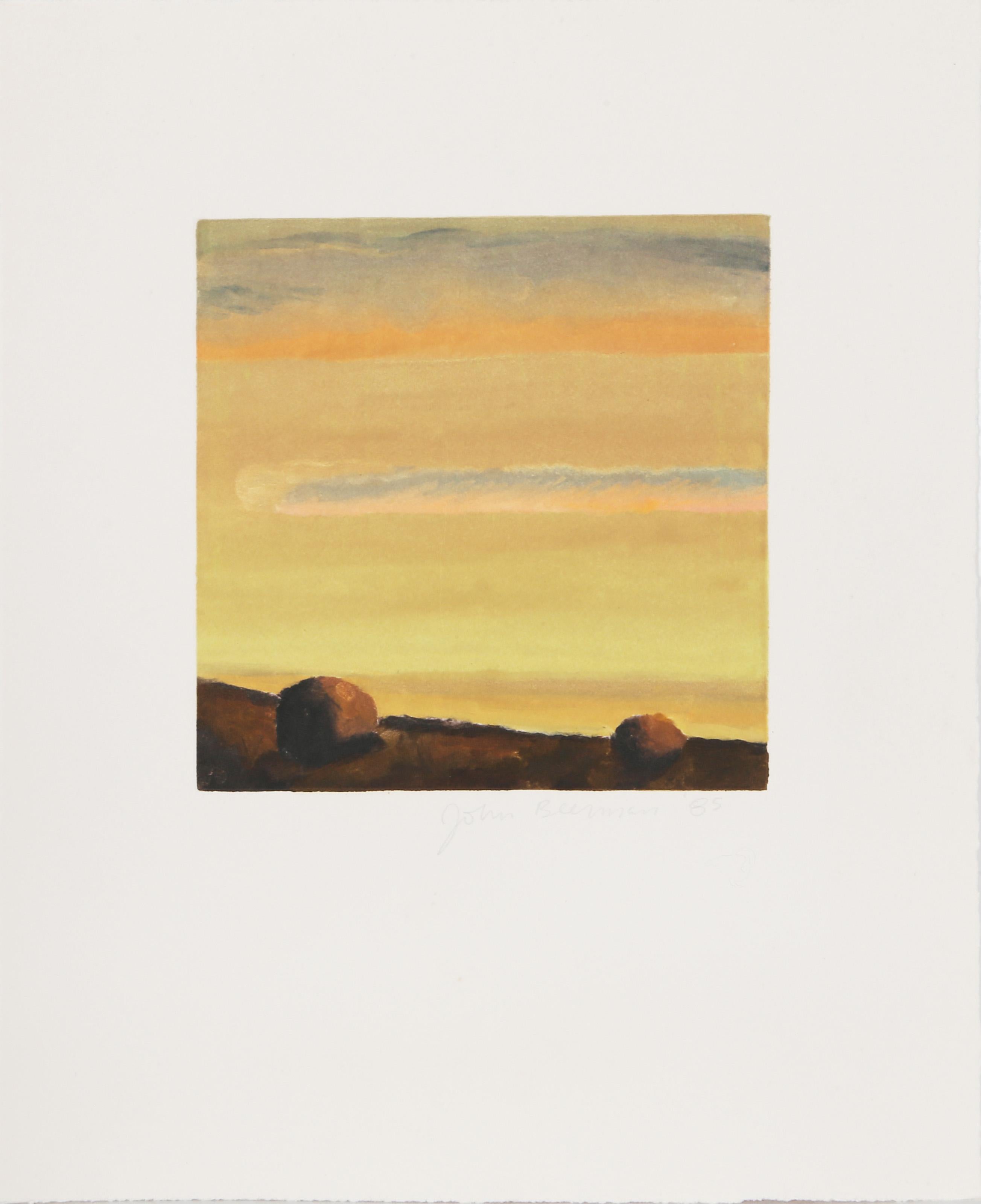 John Beerman, American (1958 - ) - Two Stones, Year:  1985, Medium:  Monotype, signed and numbered in pencil, Edition:  1/1, Image Size:  7.5 x 7 inches, Size:  15 x 12 in. (38.1 x 30.48 cm), Printer:  Syliva Roth, Publisher:  Hudson River Editions,