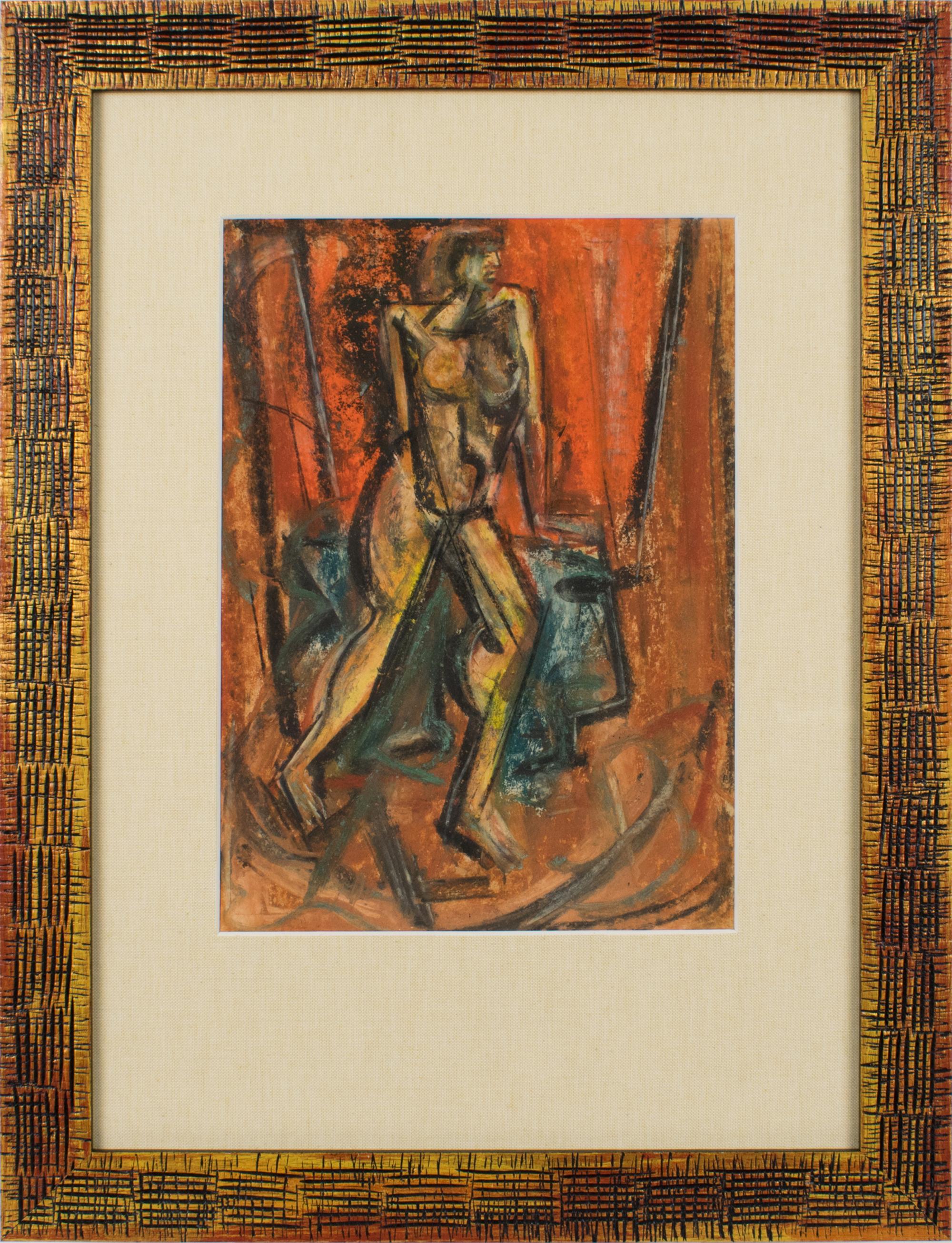 A bold and evocative pastel on paper by British artist John Alfred Begg (1903–1974), this striking Cubist nude study reflects the artist's Brutalist sensibility through angular forms and a vivid palette. Rich tones of green, orange, and rust are