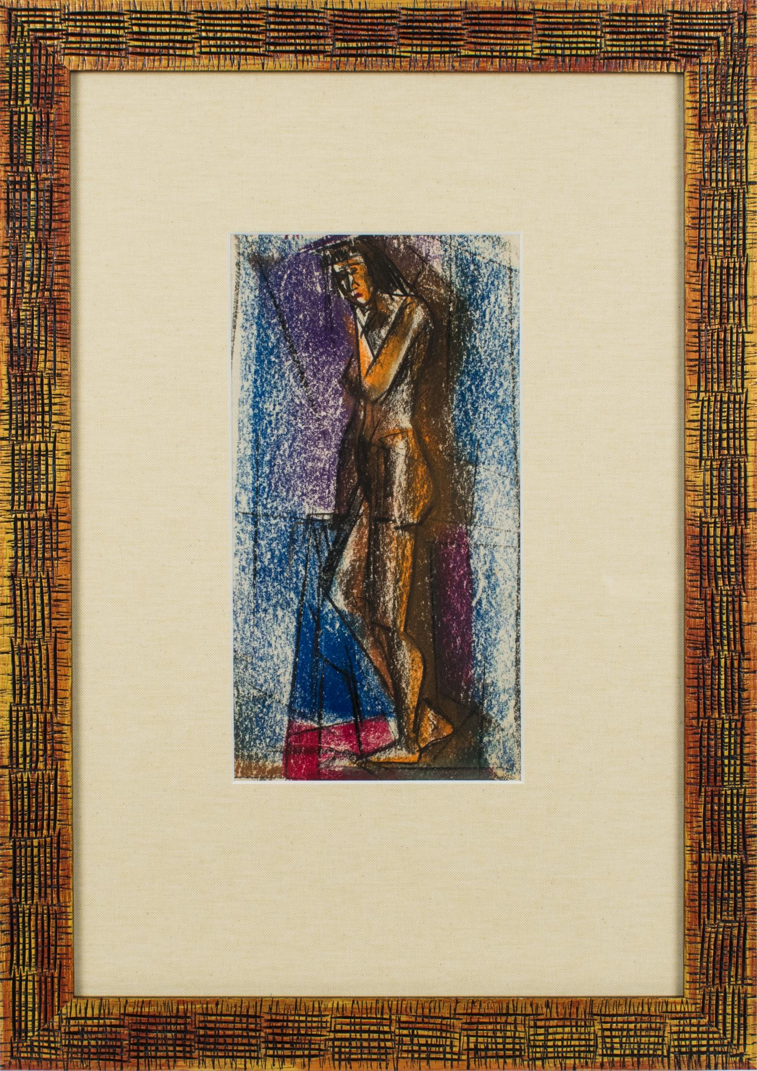 This lovely pastel painting on paper by John Alfred Begg (1903 - 1974) is a striking cubist nude study in blue, purple, and orange-rust colors with contrasting black lines. The artwork is signed in the bottom right corner. 
Provenance: From the