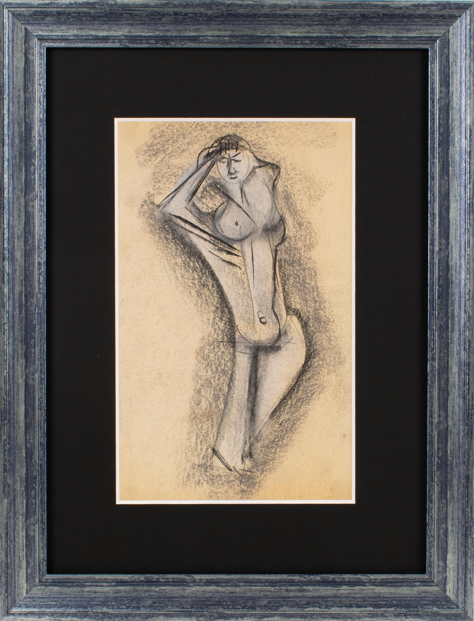 This elegant pastel painting on paper was created by John Alfred Begg (1903 - 1974). This piece features a striking cubist nude study in a blue-gray color with contrasting black lines. There is no visible signature. 
This artwork comes from the