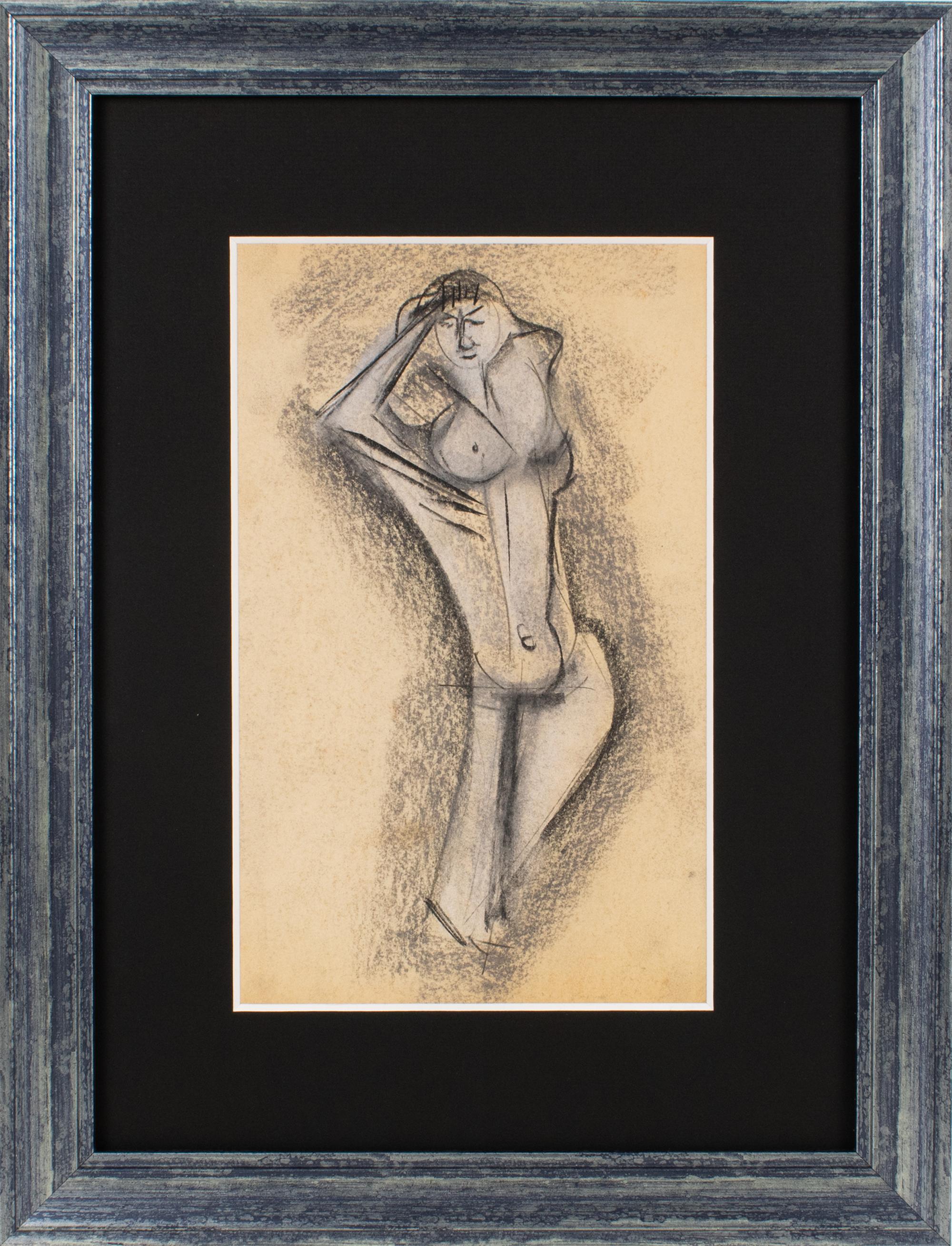 Dieses elegante Pastellgemälde auf Papier wurde von John Alfred Begg (1903 - 1974) entworfen. Dieses Kunstwerk zeigt eine wunderschöne blau-graue kubistische Aktstudie mit kontrastierenden schwarzen Linien. Es gibt keine sichtbare Signatur. 
Dieses