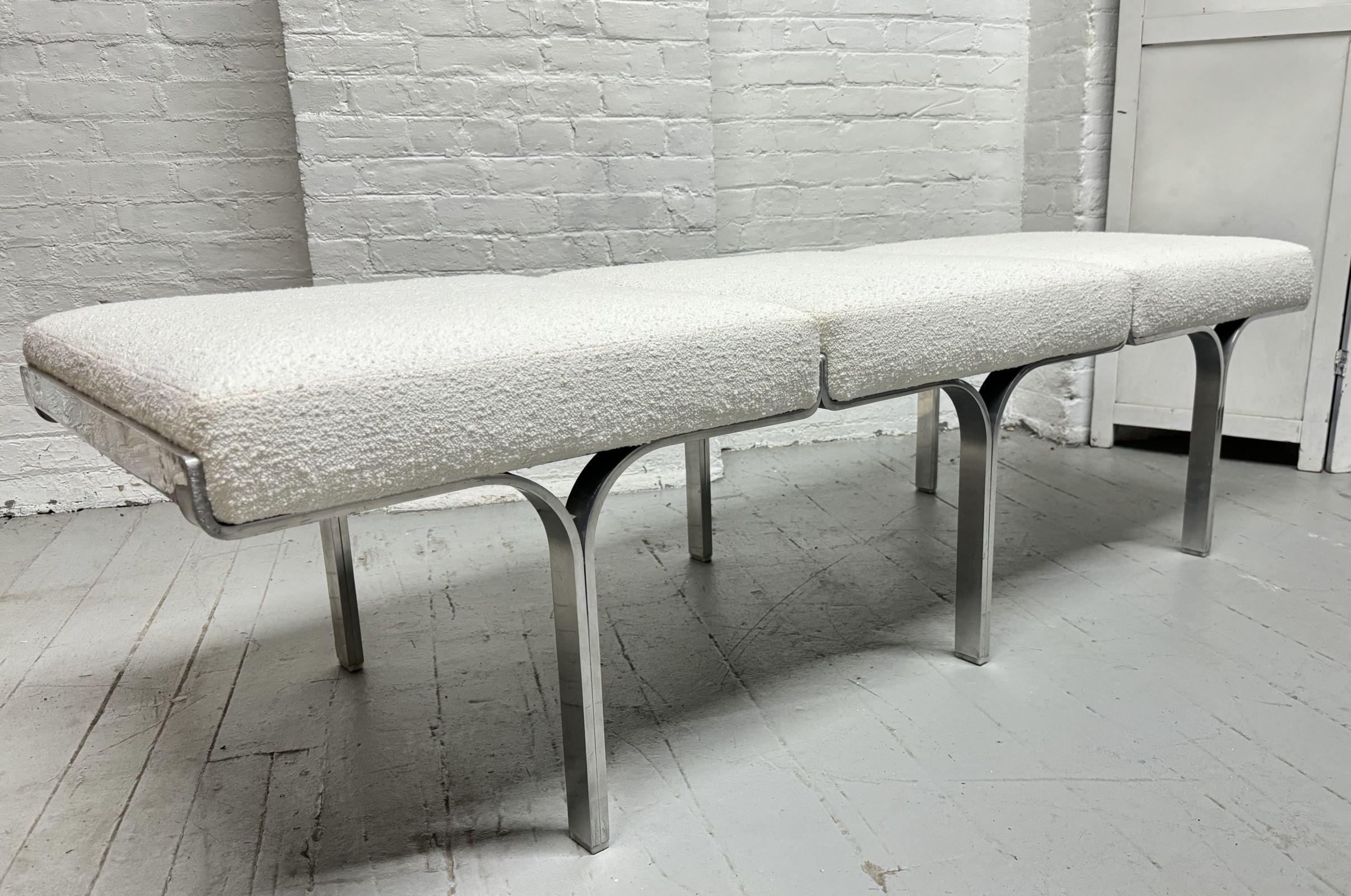 John Behringer 3-Seat Bench for J.G. Furniture Co. The sculptural frame is polished aluminum and upholstered in Bouclé.  