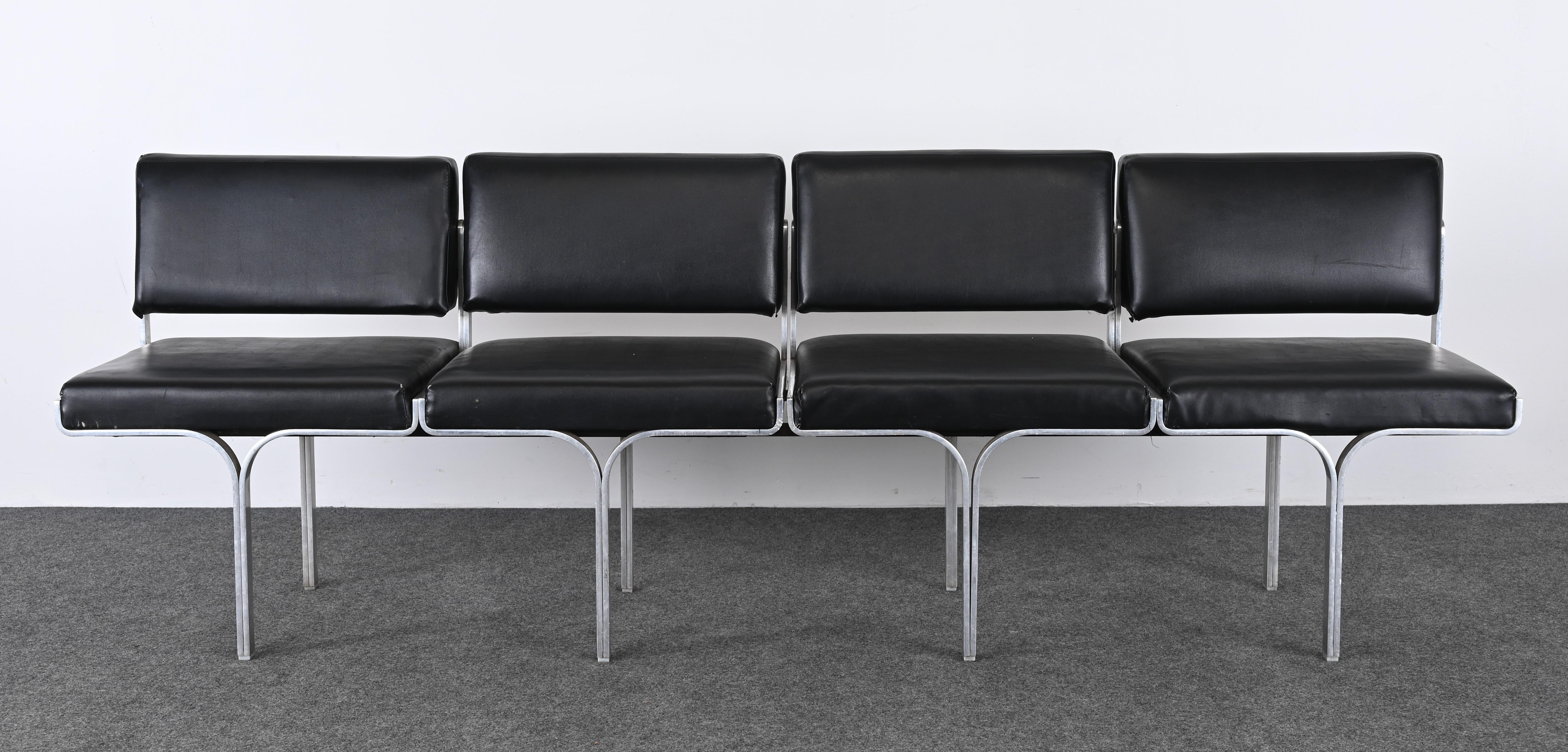 A Modernist aluminum four-seat bench designed by John Behringer, 1960s. The Industrial character and floating style bench would work well in any Mid-Century or Contemporary home. The bench is aluminum which is easy to polish for a perfect finish.