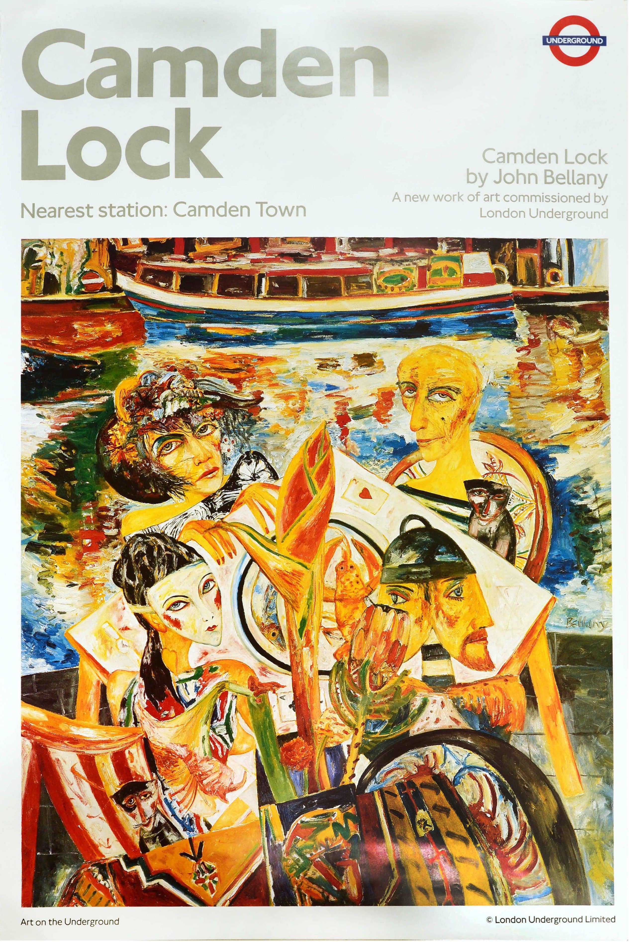 Original Vintage London Underground Poster für Camden Lock nächstgelegene Station Camden Town. Bunte Illustration, die Menschen zeigt, die an einem Tisch mit Kanalbooten auf dem Wasser eine Hummermahlzeit genießen. Kunst in der U-Bahn - Camden Lock