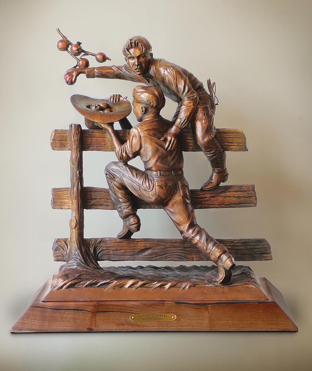 John Bennett Figurative Sculpture - "TWO BAD APPLES" BRONZE SCULPTURE