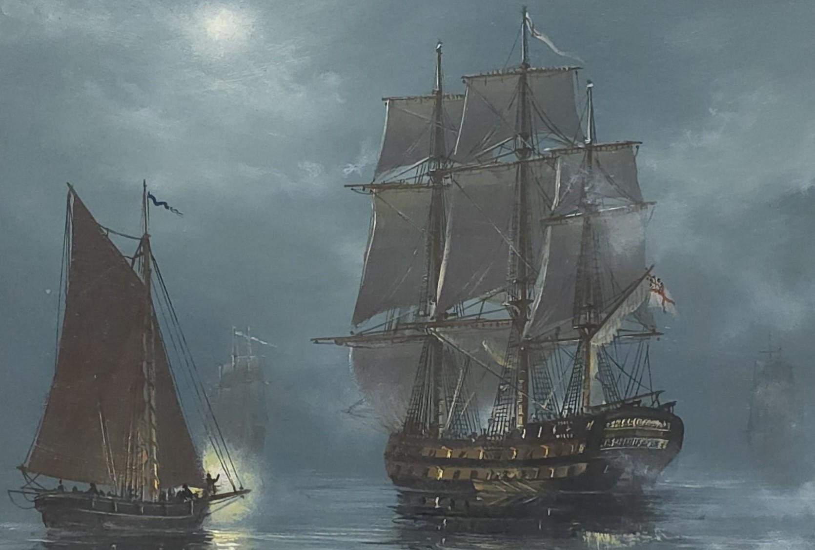 The Centaur, navire amiral de l'amiral Hood - Marron Landscape Painting par John Bentham-Dinsdale