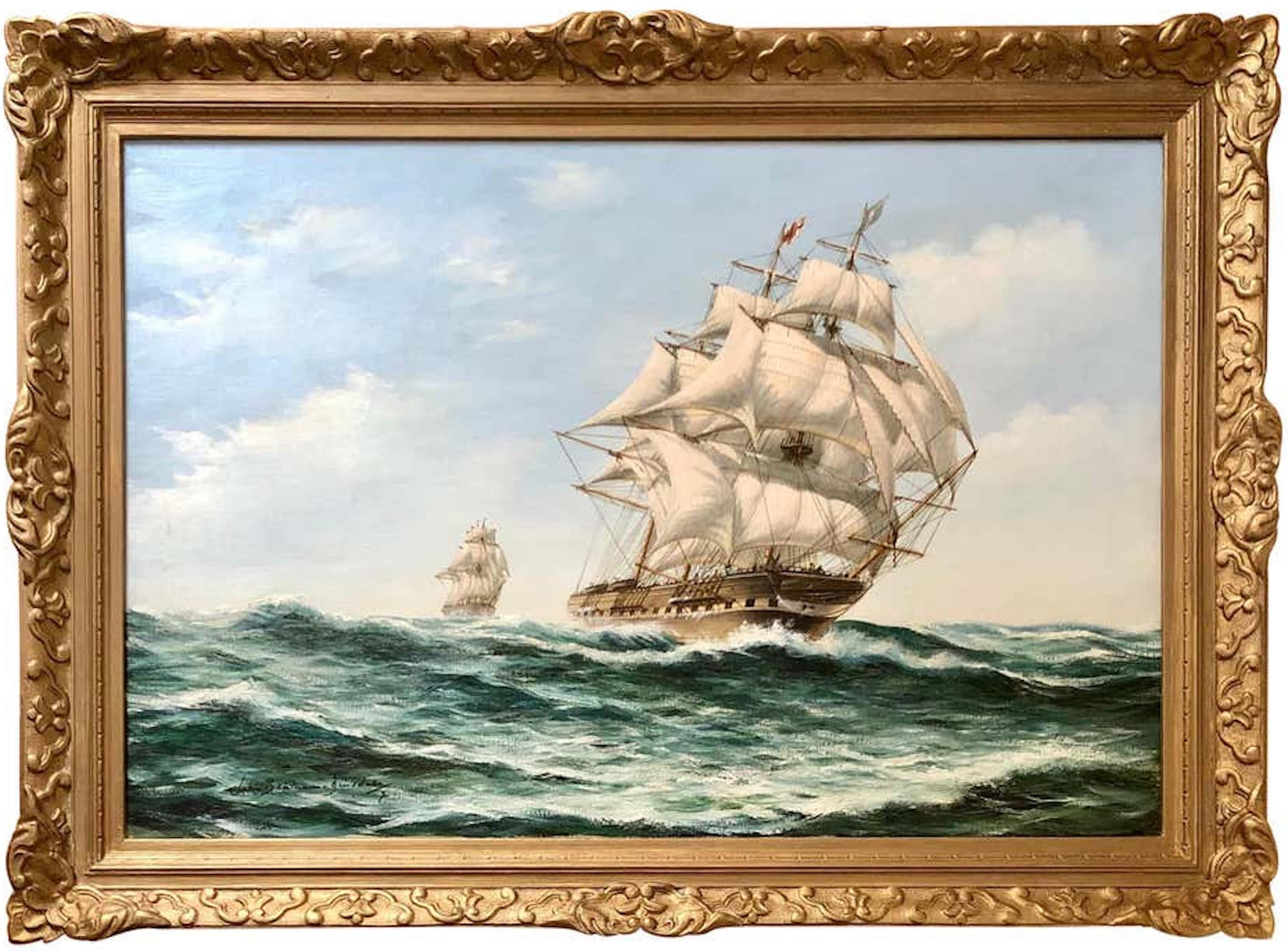 John Bentham-Dinsdale Landscape Painting - The Pursuit, Man-O-War Ship at High Seas