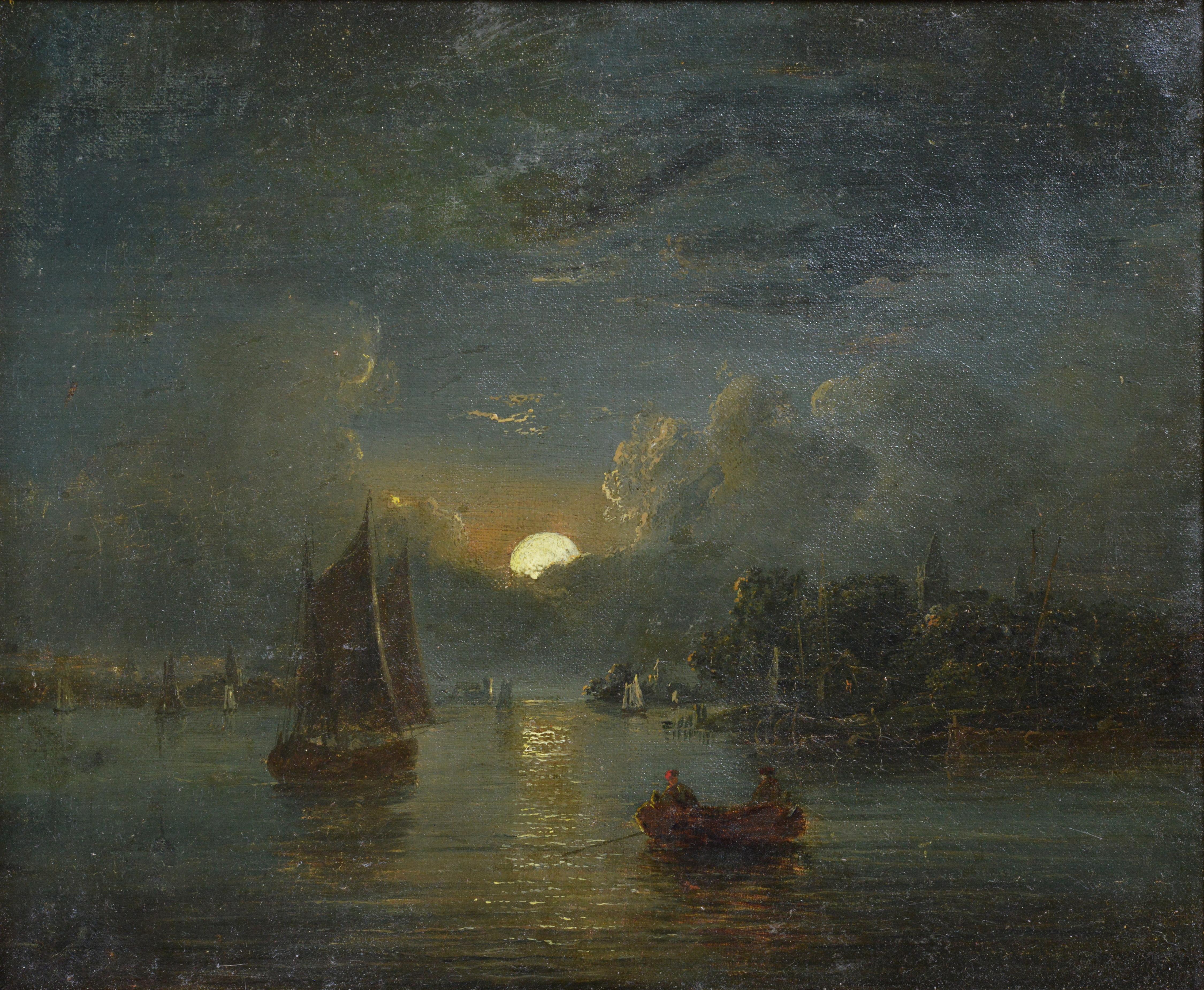 British seascape Fishing boats in moonlight 19th century Oil painting Signed - Painting by John Berney Crome