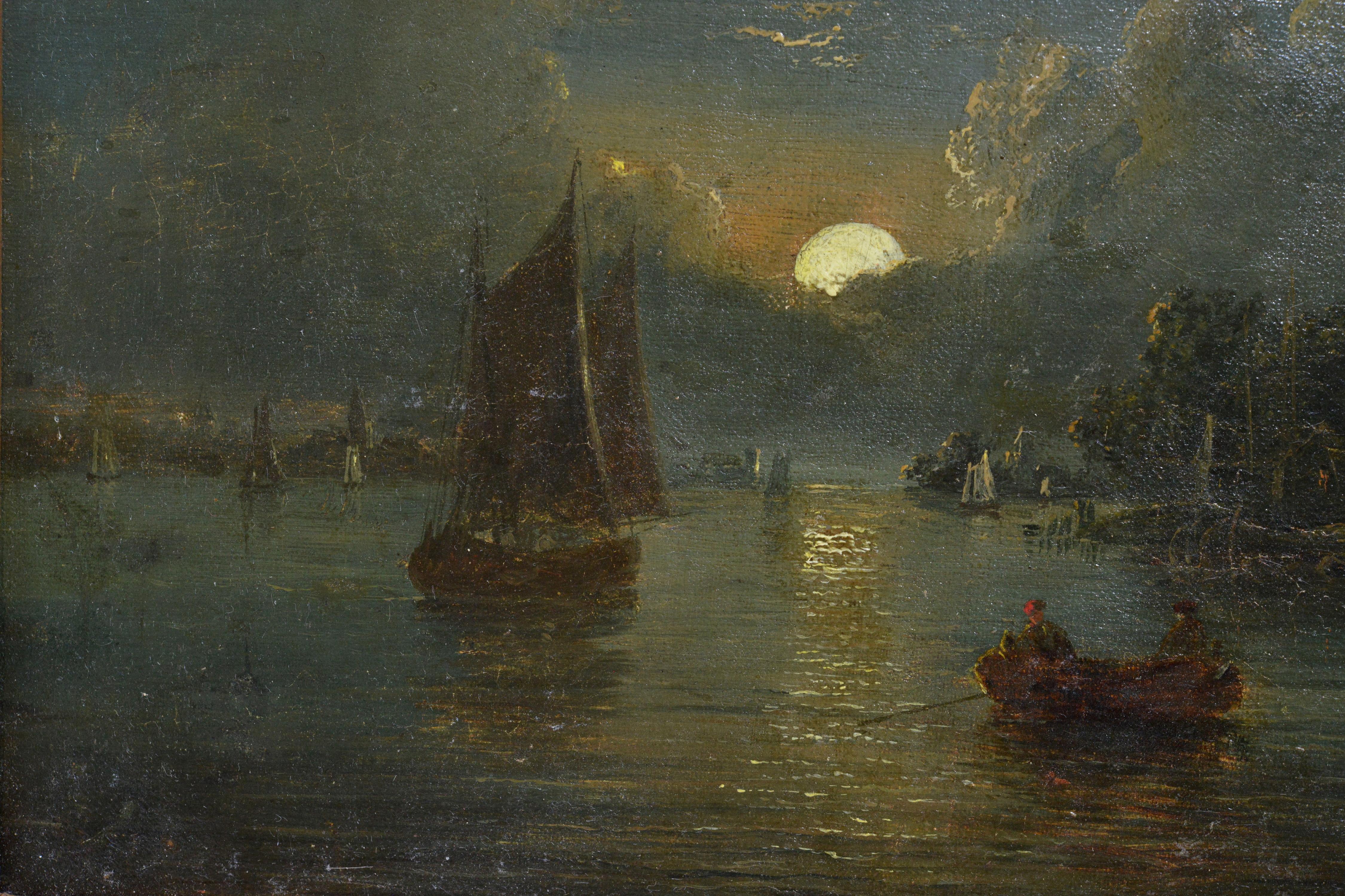 British seascape Fishing boats in moonlight 19th century Oil painting Signed - Realist Painting by John Berney Crome