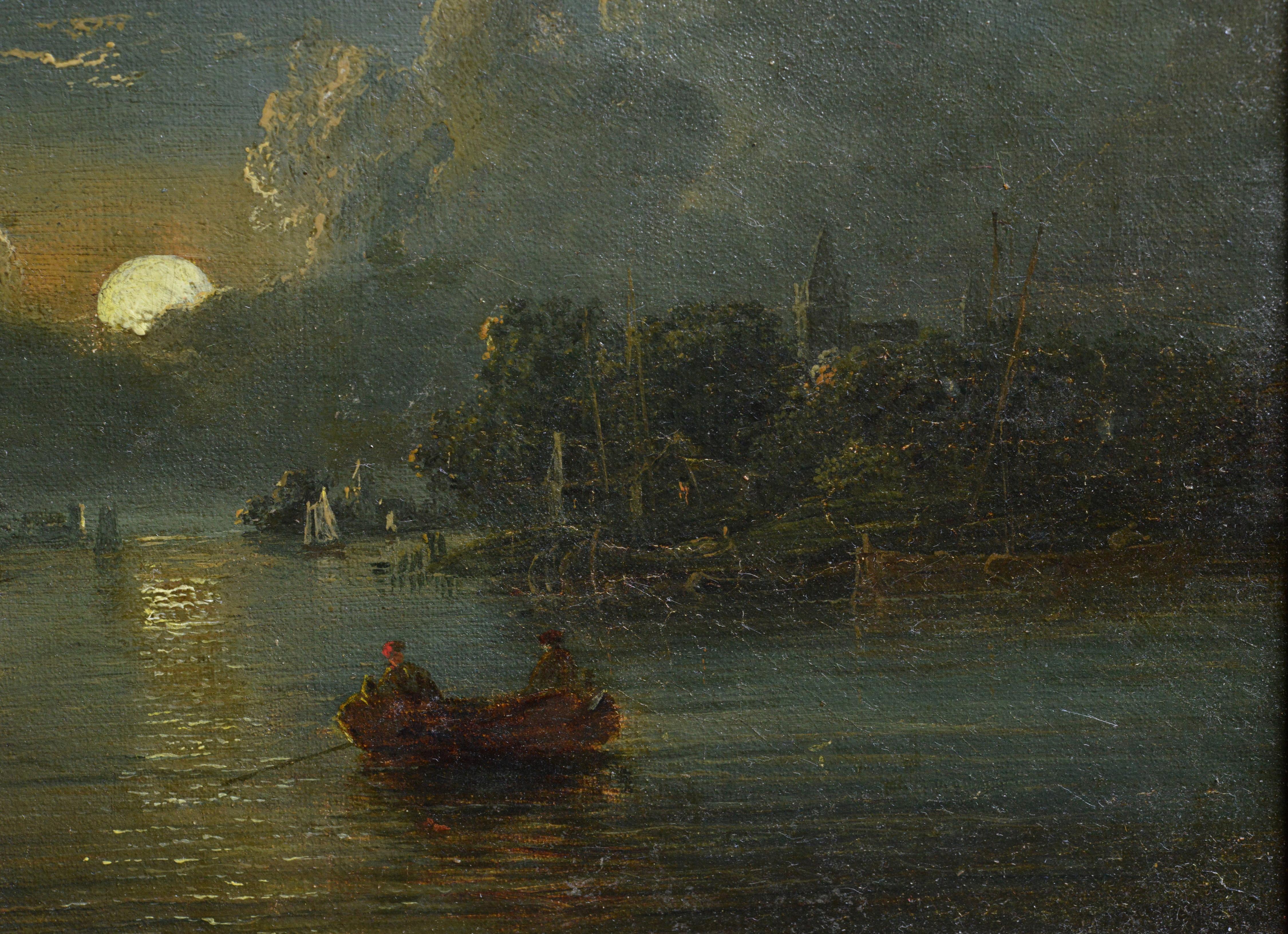 The painting is indistinctly signed lower left in red and was said to be of Young Crome type moonlit landscapes.  Busy water surface traffic in nocturnal scenery. Antique oil painting on canvas, signed, framed.
Size app.: 25.2 x 30.3 cm (roughly 9.9
