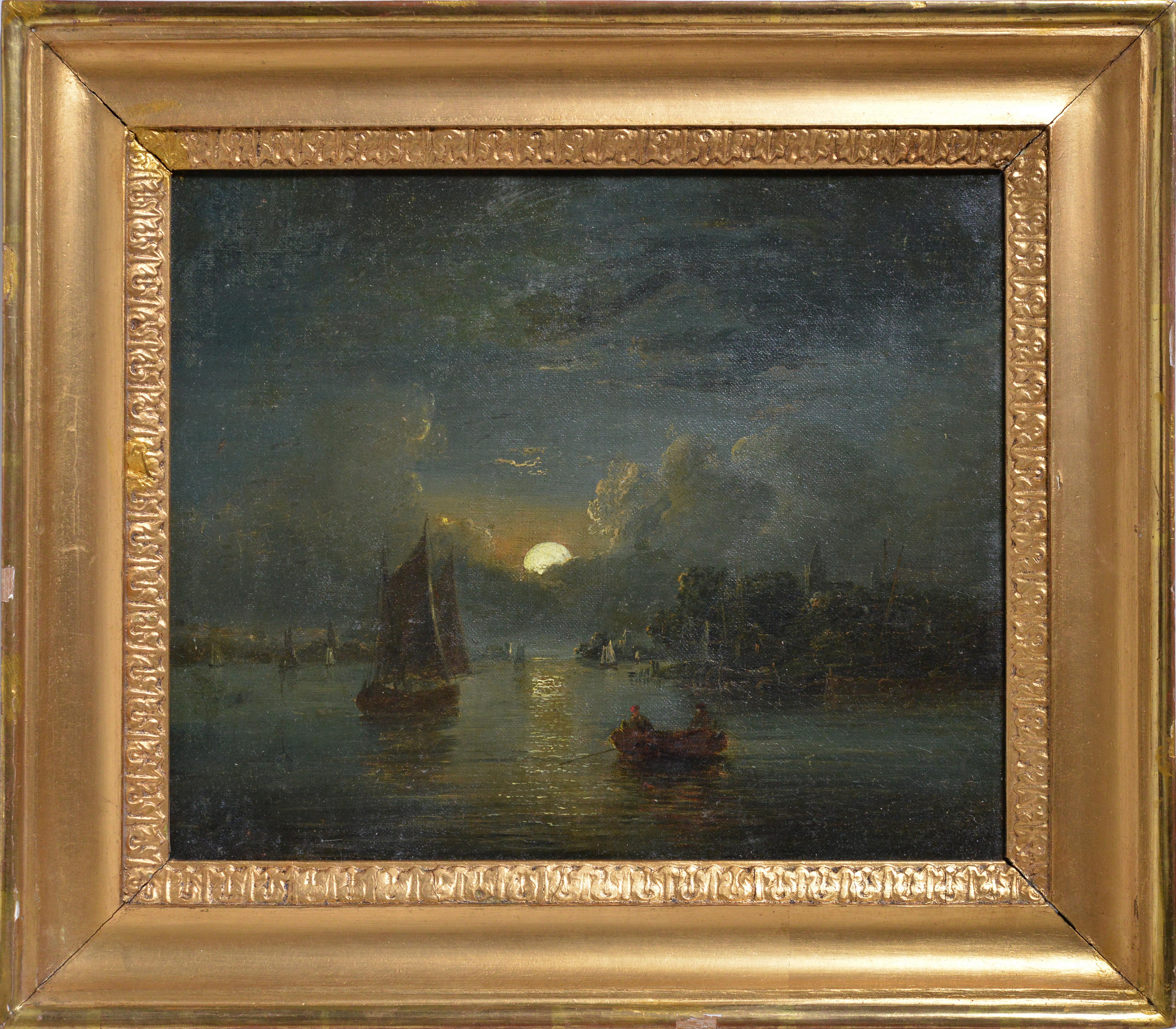 John Berney Crome Landscape Painting - British seascape Fishing boats in moonlight 19th century Oil painting Signed
