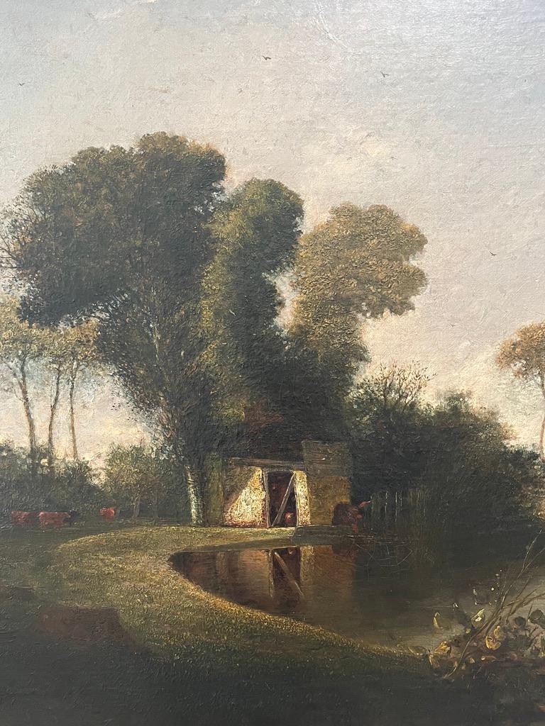 Early 19th Century Norwich School oil painting of cottage by a pond 7