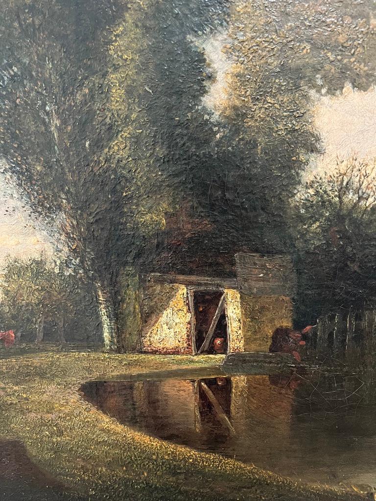 Early 19th Century Norwich School oil painting of cottage by a pond 7